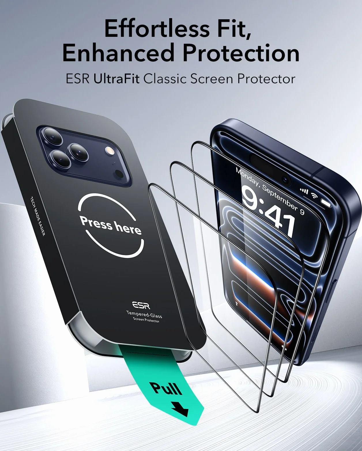 ESR Do iPhone 17 Pro szkło pancerne 3 sztuki [szybka instalacja w 3 sekundy] ochrona wojskowa, twardość 9H, pełne szkło hartowane z tacką UltraFit