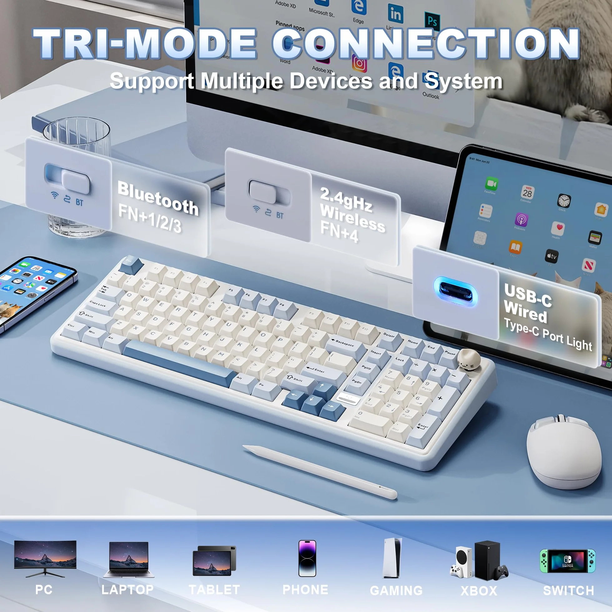 YUNZII B98 PRO QMK/VIA Bezprzewodowa Klawiatura Mechaniczna do Gier, 96% Układ z Klawiaturą Numeryczną i Uroczą Kocią Gałką, BT/2.4G/USB-C (Niebieski, Candy Linear Switch)