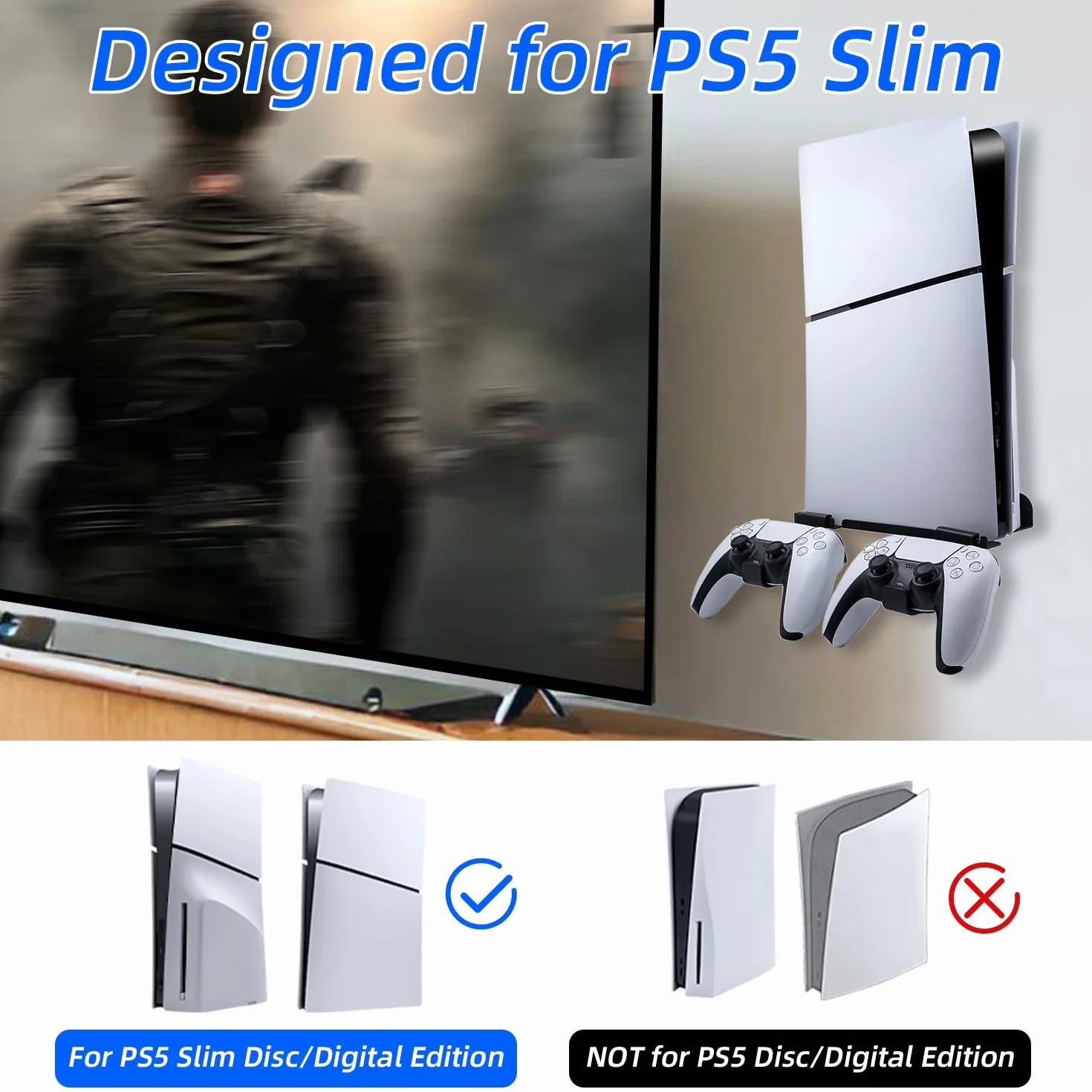 Mcbazel Wall Mount Stand Bracket Kit with Controller/Headset Holder & Fixing Screw for PS5 Slim Disc/Digtial Edition,PS5 Slim Stand Accessories