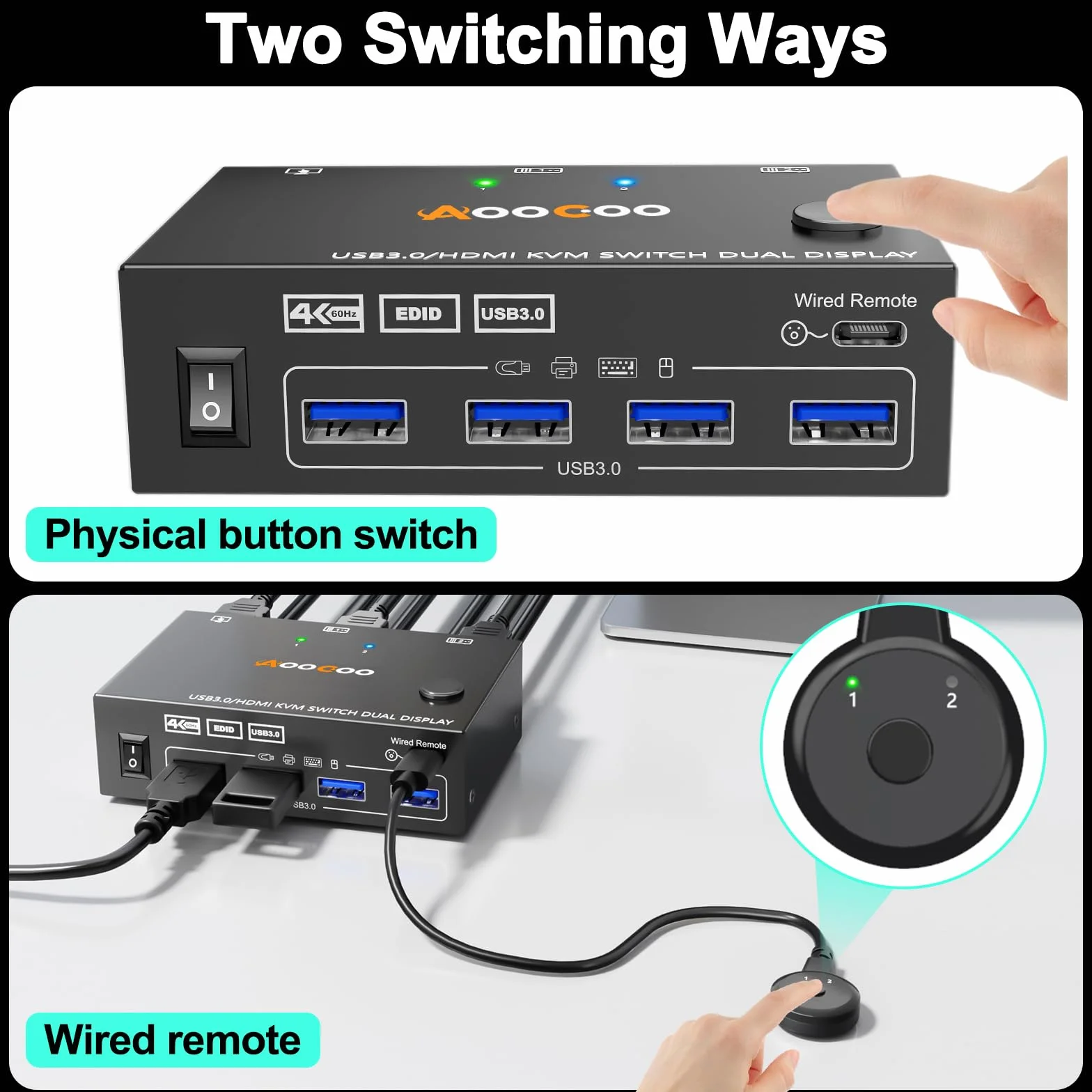 Przełącznik KVM 2 monitory 2 PC 4K @160Hz 2K @120Hz, przełączniki KVM HDMI z funkcją EDID Pilot przewodowy, zasilacz i kabel USB 3.0 w zestawie