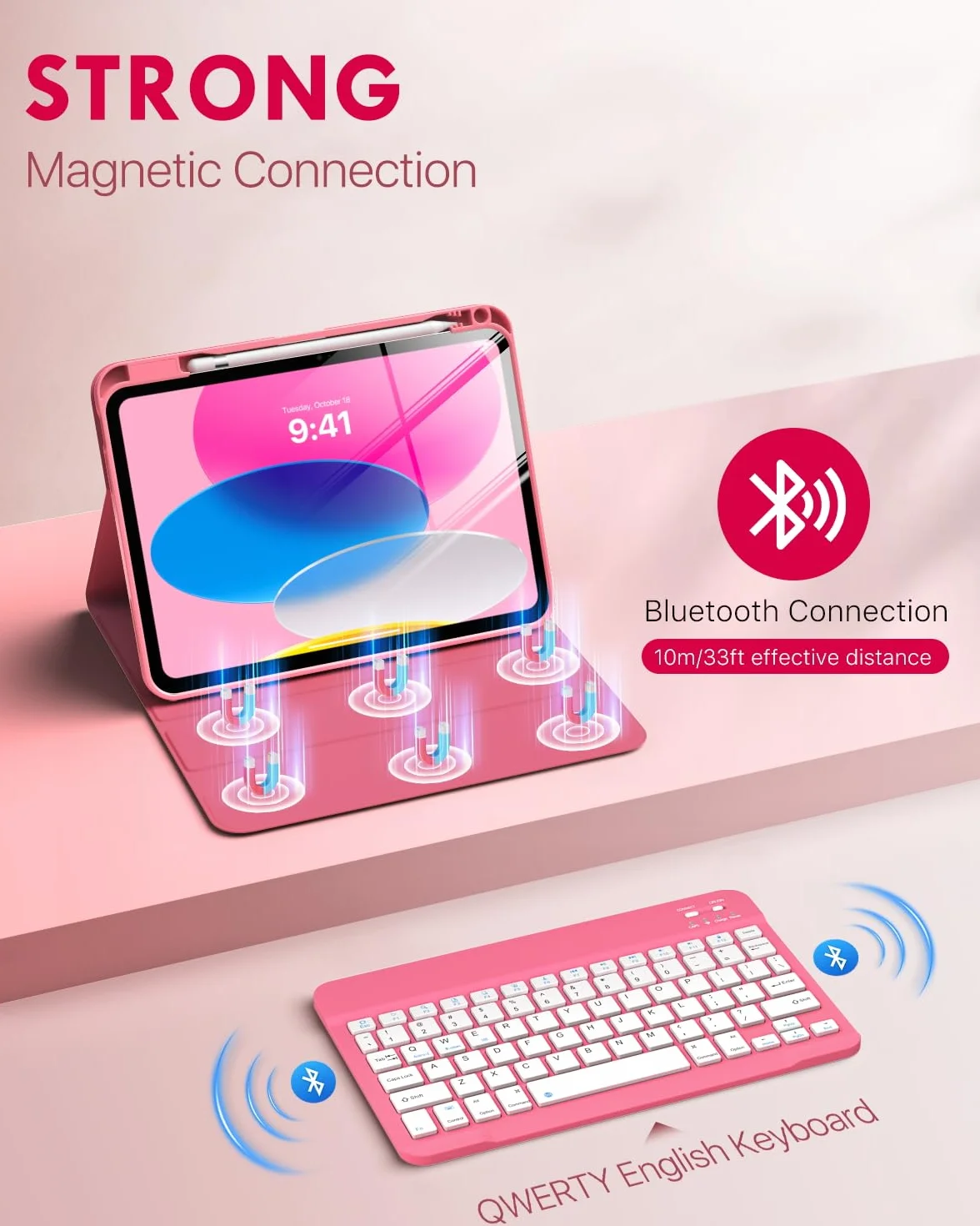 MoKo for iPad (A16) 11th Generation Case with Keyboard 11 inch 2025, iPad 10th Generation 10.9 inch Keyboard Case with Pencil Holder, Multi-Angle Detachable Bluetooth Keyboard, Pink