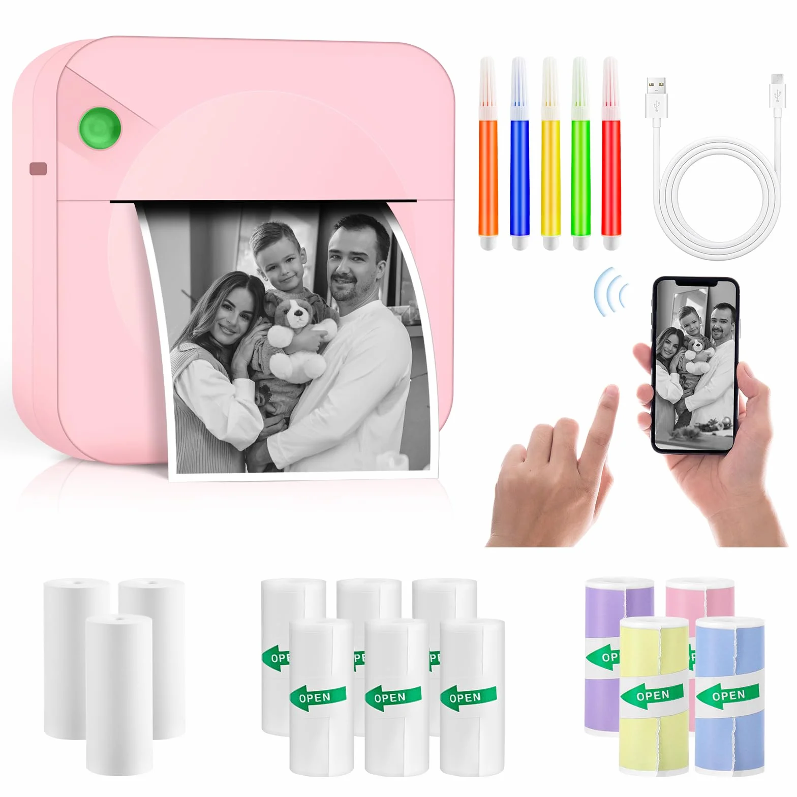 Przenośna mini termiczna drukarka fotograficzna Bluetooth z 13 rolkami papieru, USB do notatek, pamiętnik (różowy)