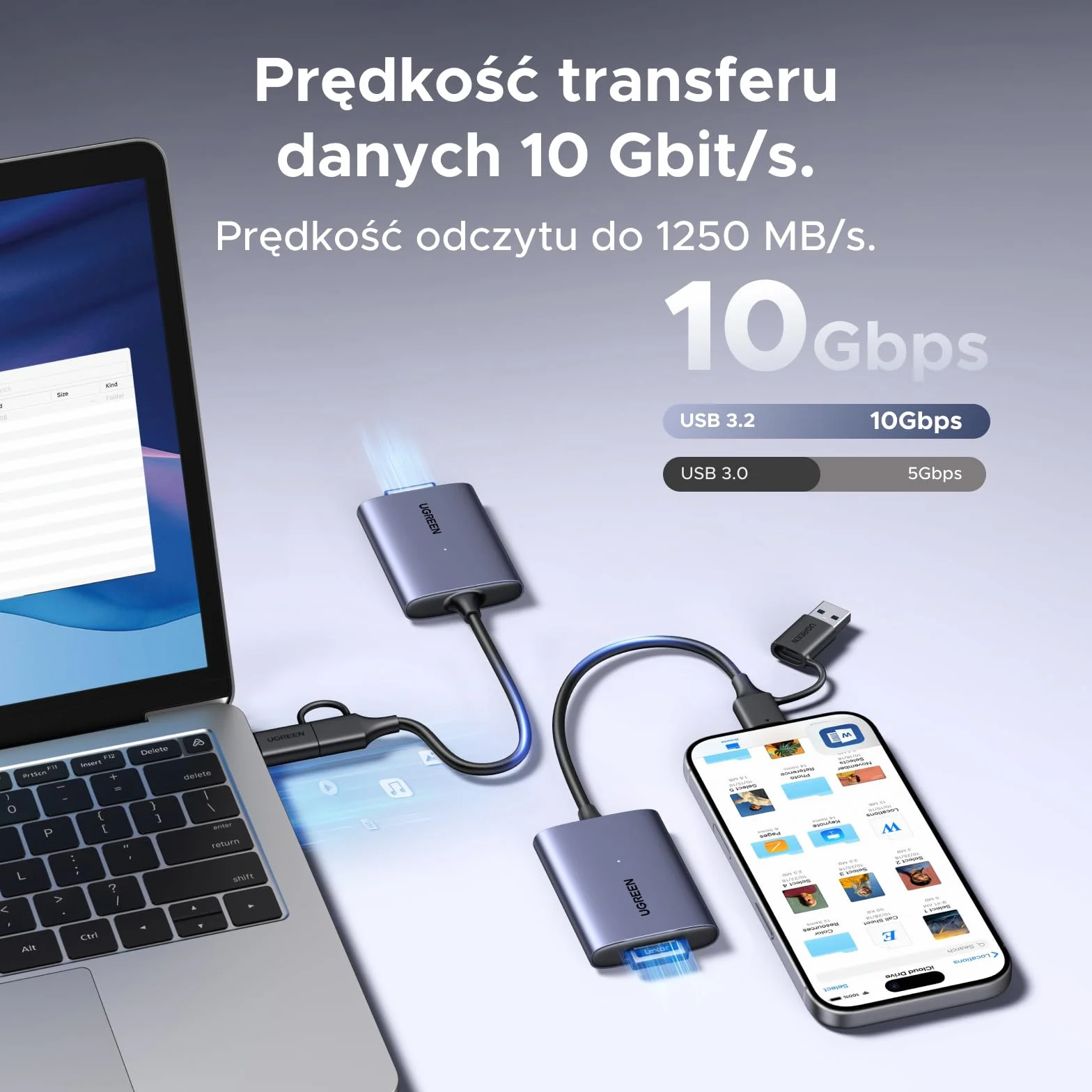 UGREEN USB-C na CFexpress Type A czytnik kart z portem USB-A i C, 10 Gb/s do 1250 MB/s, kompatybilny z kartami CFexpress B do filmów 8K, Mac, Windows, Linux, laptop, tablet, aluminiowa obudowa