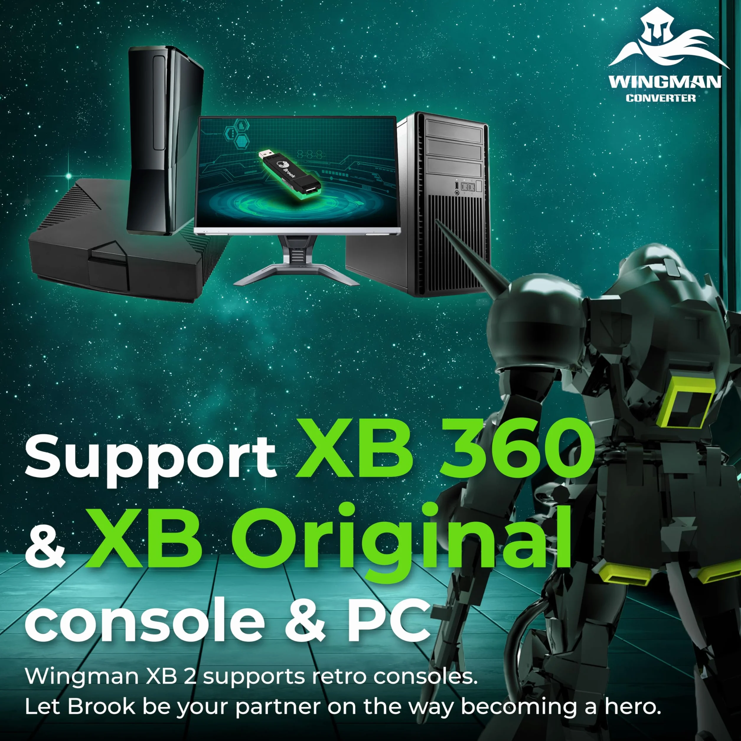 Brook Wingman XB 2 Converter z brelokiem – Bezprzewodowy adapter kontrolera do konsol XB 360, XB Original i PC, obsługuje Remap i regulowany Turbo [Wersja ekskluzywna]
