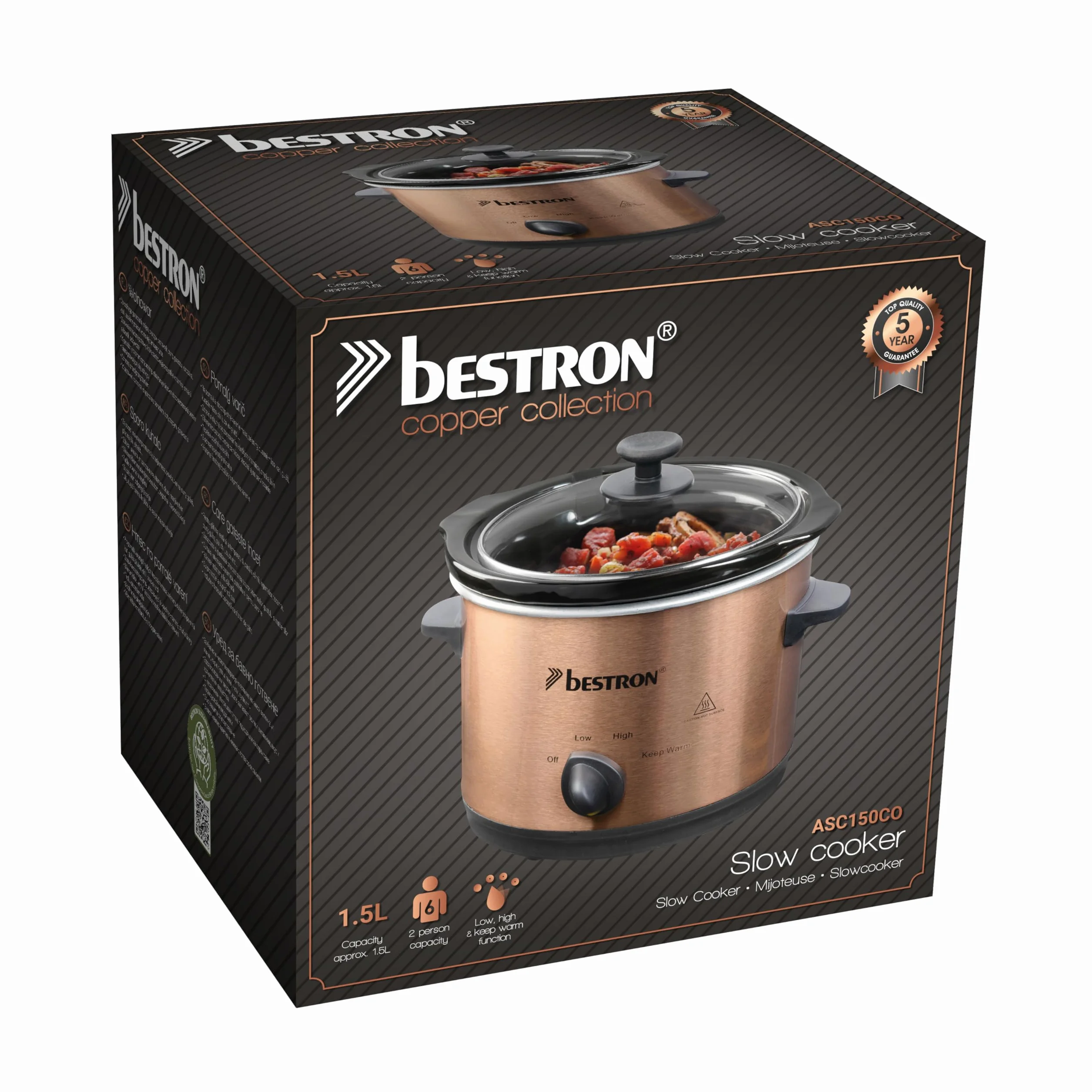 Bestron Slowcooker 1,5 L dla 2 osób, wolnowar z ceramiczną patelnią i szklaną pokrywką, 3-stopniowy termostat, Copper Collection