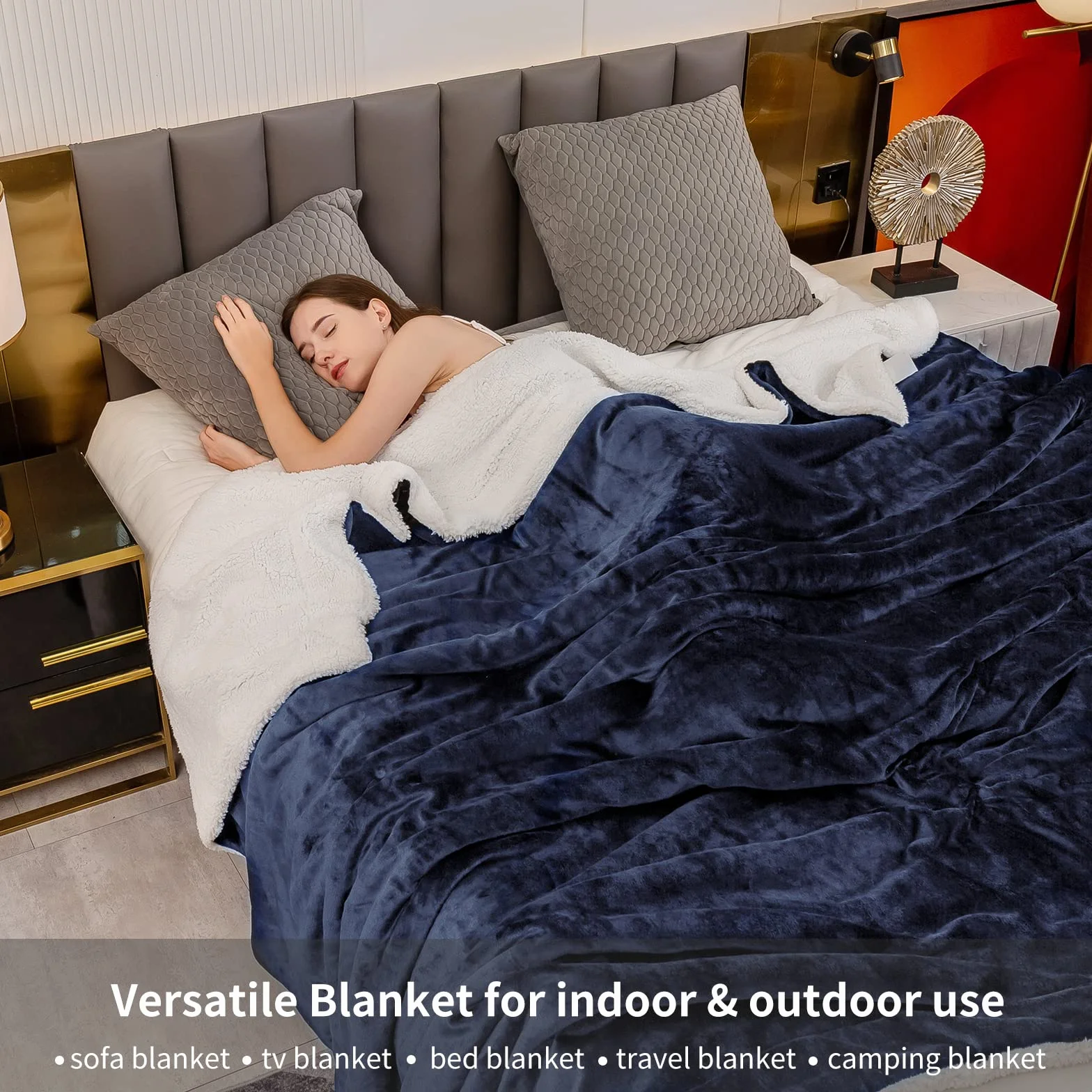 Aisbo Koc polarowy sherpa 220x240 cm granatowy
