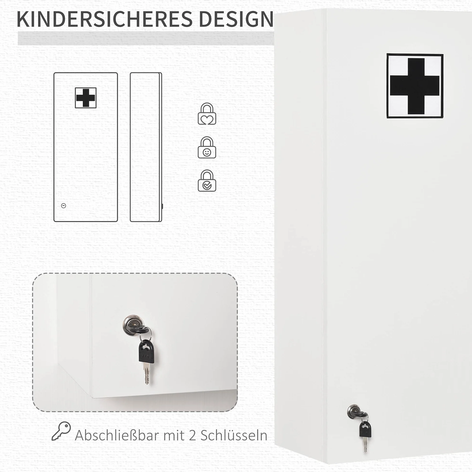Kleankin Apteczka ścienna z regulowanymi półkami zamykana na klucz biała 30x20x70 cm