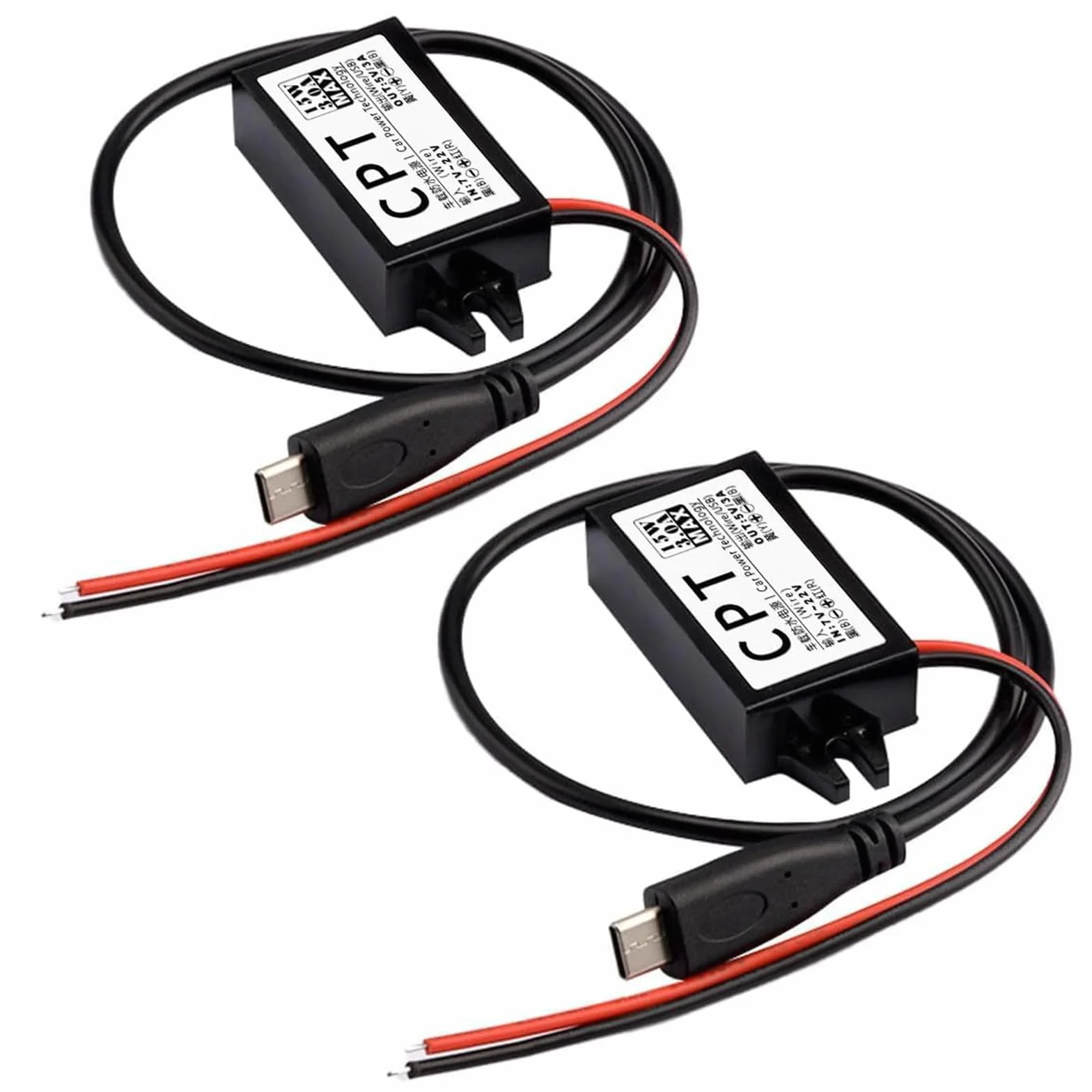 Adapter USB 12 V na USB, 12 V na 5 V, moduł konwertera DC Buck, 3 A, 15 W, DC na DC, adapter samochodowy 2 sztuki (typ C).