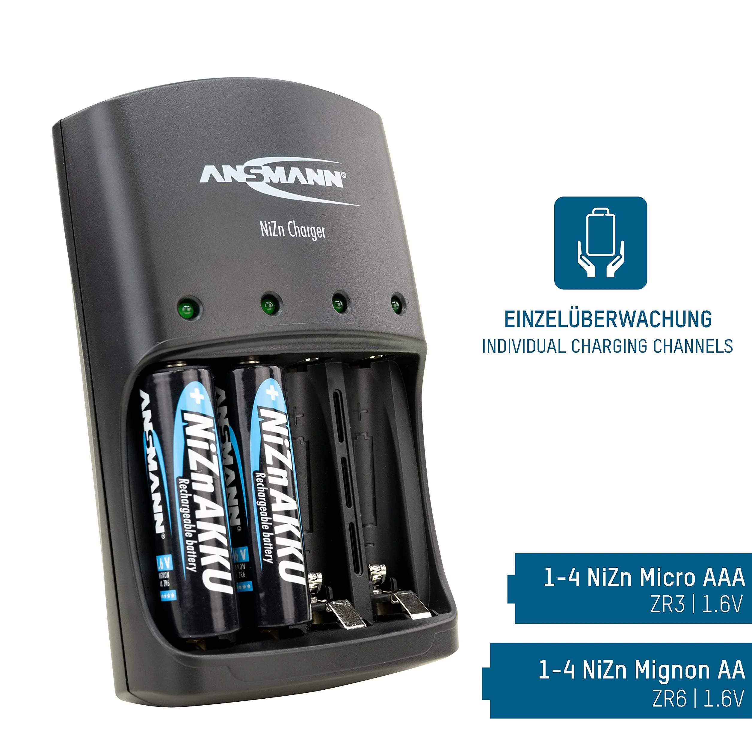 ANSMANN NiZn Charger Caricabatteria - Caricatore Per NiZn Batterie - Pile Nichel-Zinco 1,6V AAA - AA - Mignon - Micro