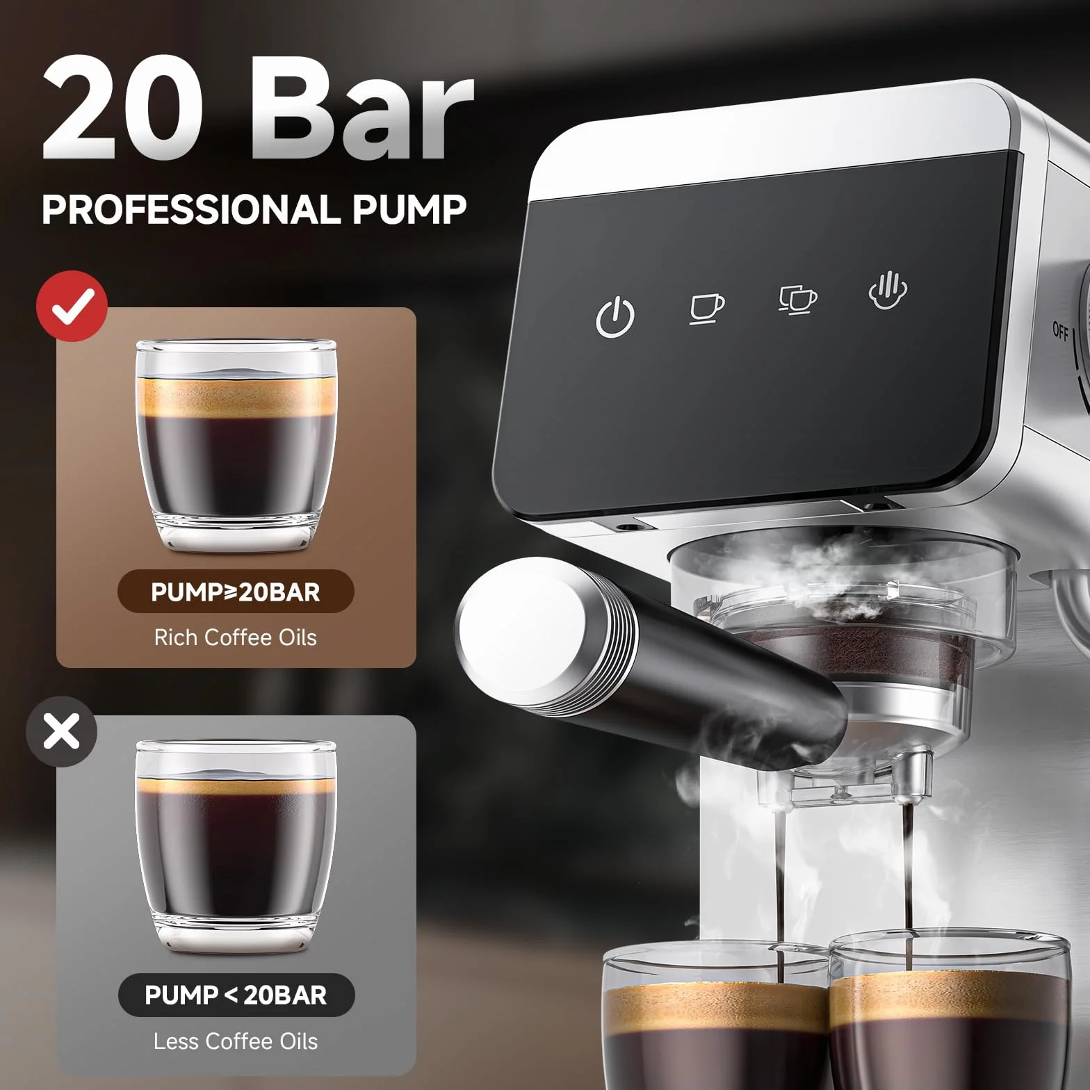 AMZCHEF Ekspres do kawy 20 bar z wyświetlaczem LED, Home 2 w 1, ze zdejmowanym zbiornikiem o pojemności 1,2 l, do domu, na prezent, kompaktowa maszyna do latte ze stali nierdzewnej, 1350 W