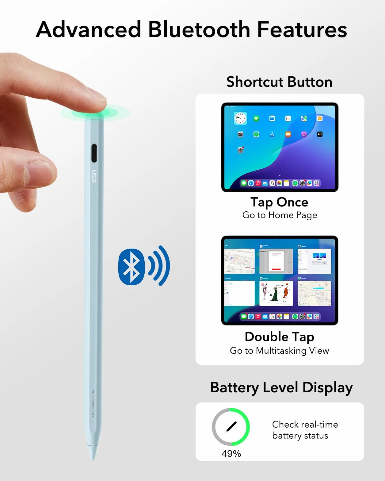 ESR Geo Digital iPad Pencil Findmy kompatybilny z Apple iPad 2018-2025, z prostymi skrótami do Apple iPad A16/10/9/8 i Air 13/11 i Pro 12,9/13/11 i Mini 7/6/5, niebieski (bez ładowania bezprzewodowego