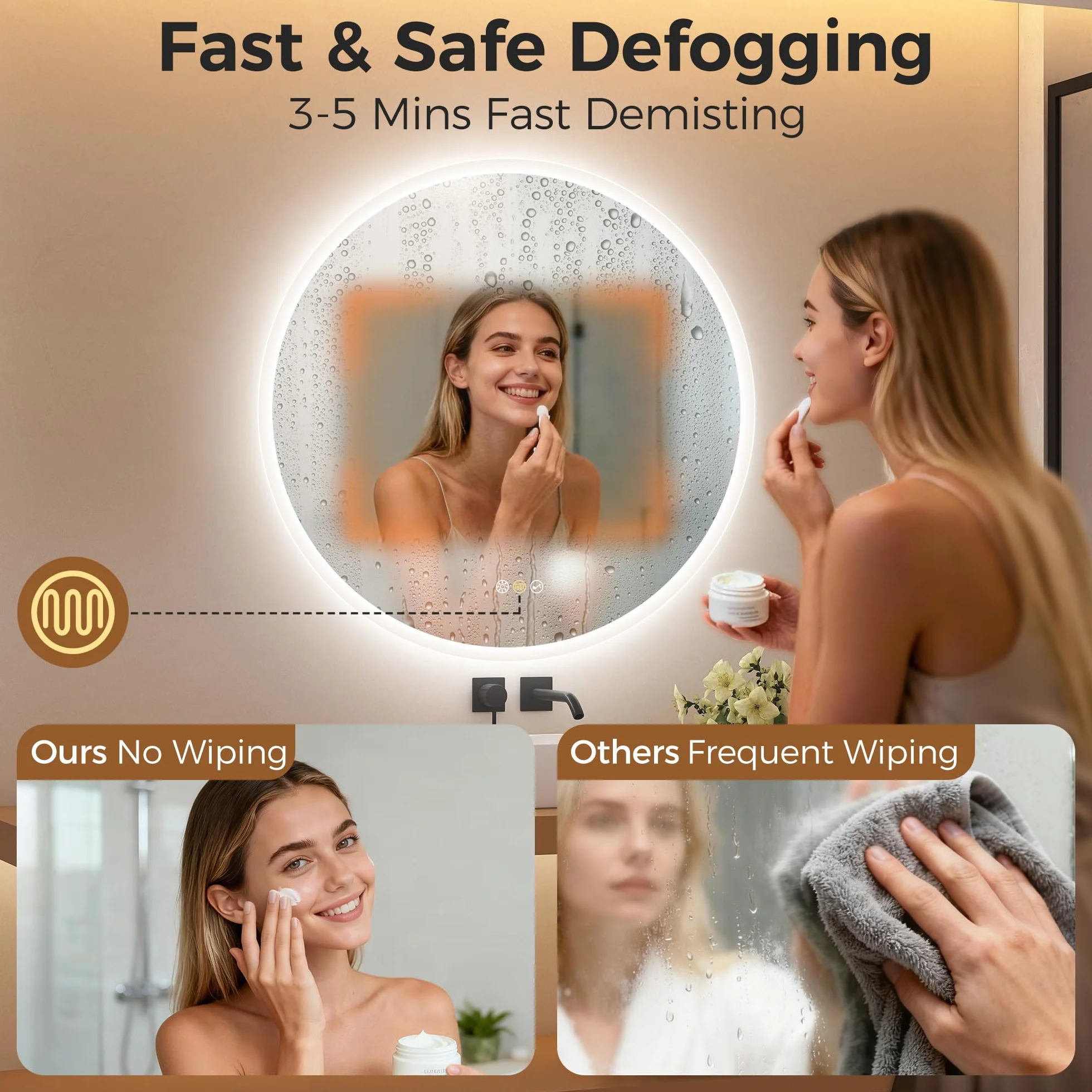 STARLEAD Okrągłe lustro łazienkowe 80 cm z oświetleniem Bluetooth przyciemnianiem 3 temperatury barw przeciwmgielne IP44