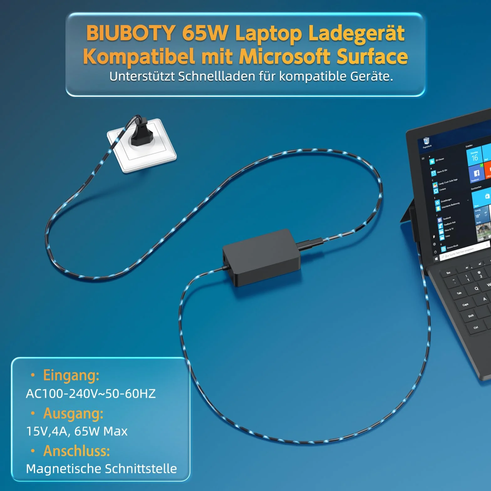 Ładowarka 65 W kompatybilna z Microsoft Surface Pro 11/10/9/8/7/6/5/4/3/X, Surface Laptop 4/3/2/1, Surface Go 2/1, ładowarka powierzchniowa do notebooka / tabletu z portem USB 15 V 4A komputer PC