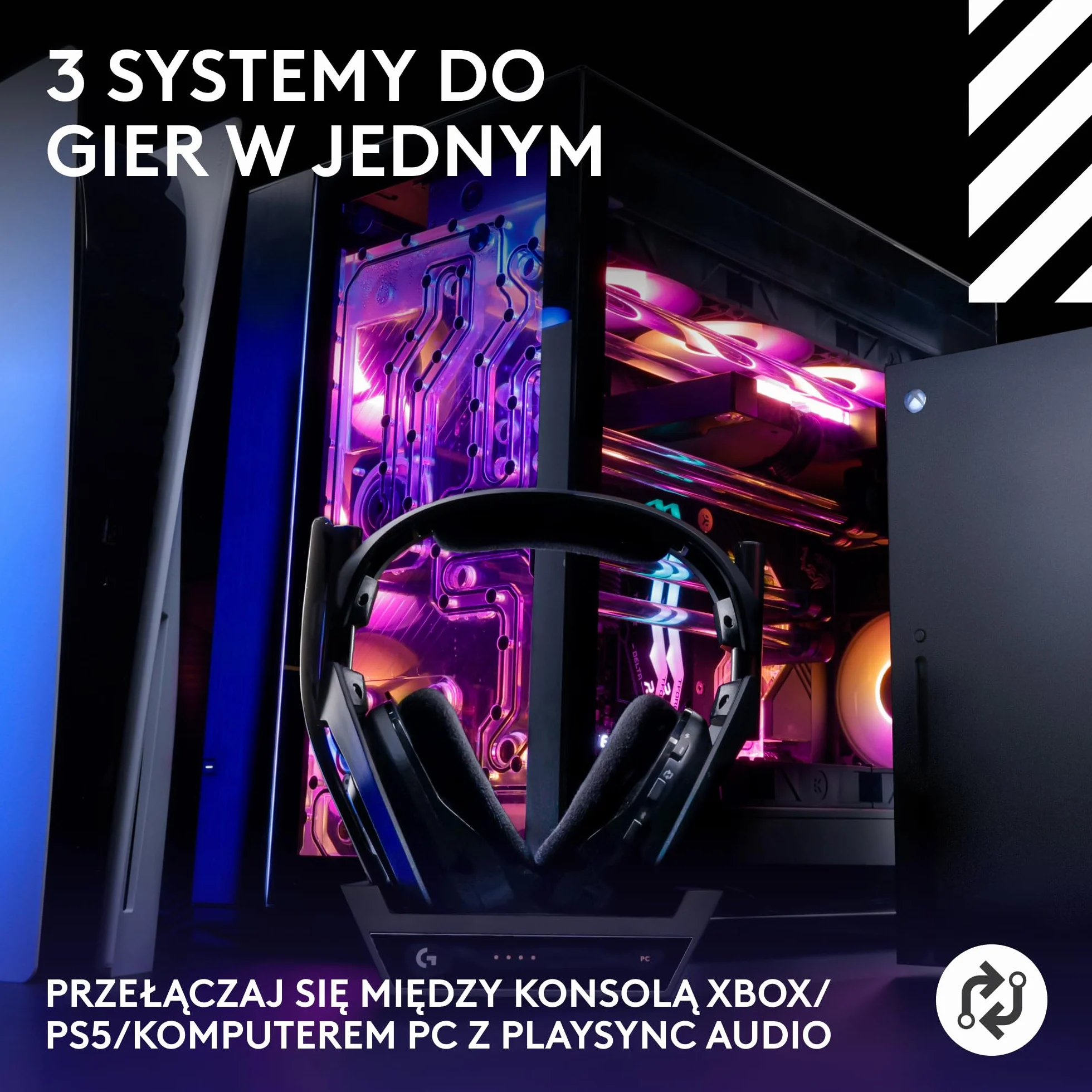 Logitech G Astro A50 + stacja bazowa (5. generacja), PRO-G GRAPHENE, przełączanie 3 systemów, USB-C do Xbox, PS5, PC/Mac lub Nintendo Switch, Bluetooth — Czarny