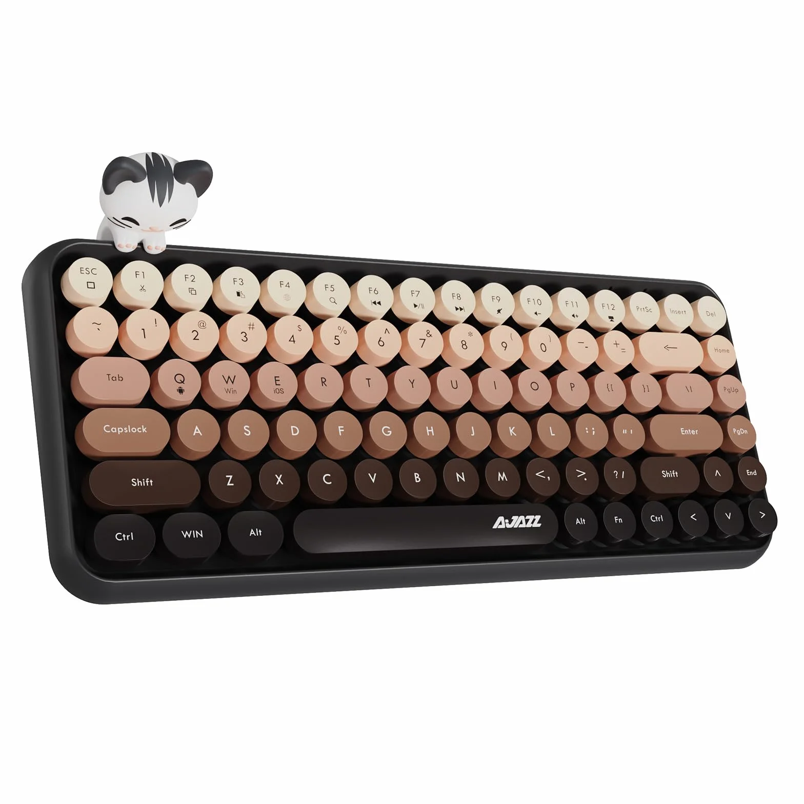 Hoopond X AJAZZ 308i Bezprzewodowa klawiatura Bluetooth,Uroczy Mini 84-klawiszowy kompaktowy układ z magnetyczną lalką kota,Nakładki na klawisze ABS Retro okrągłe do komputerów PC,Laptopy-Brązowy