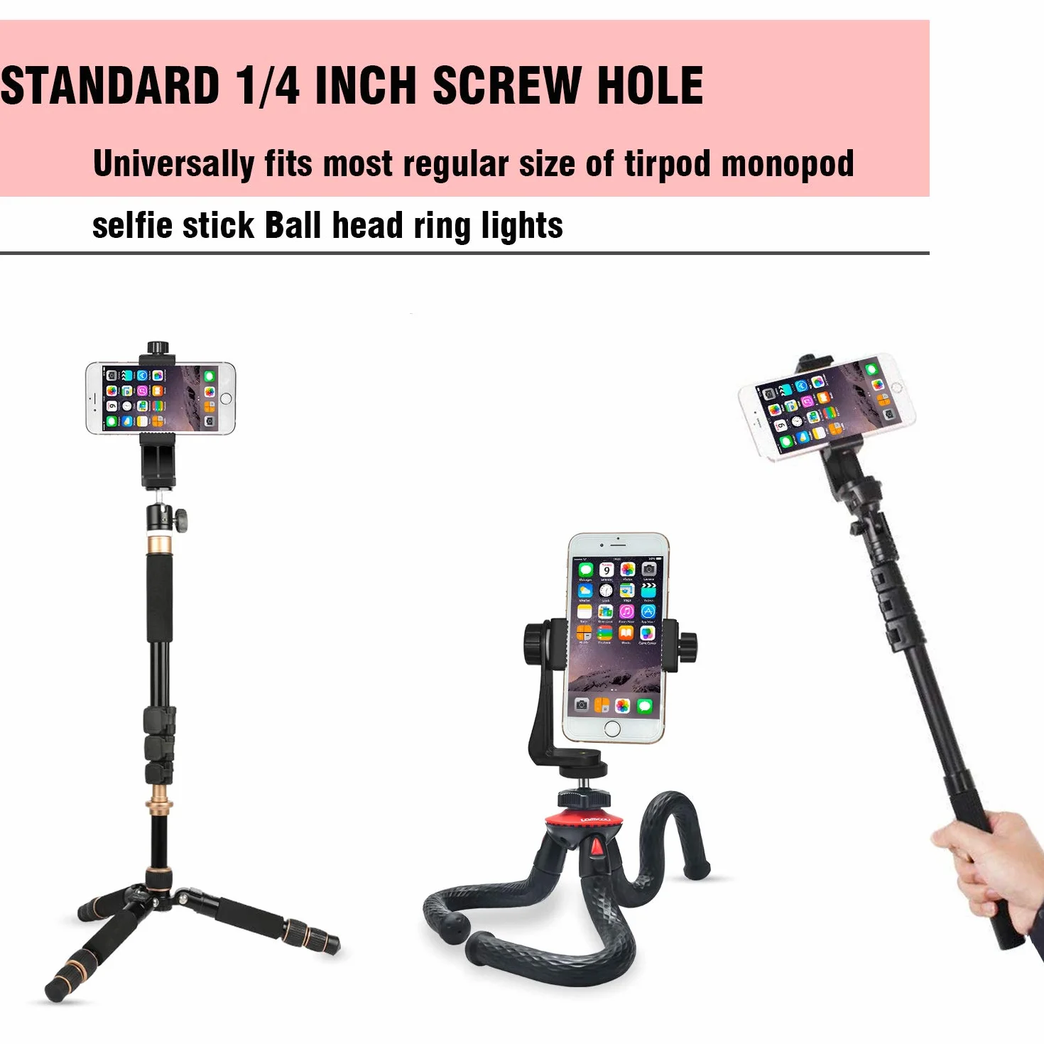 Lammcou Adapter do montażu na statywie dla smartfona, regulowany zacisk do telefonu na monopod kij do selfie 10.9-16.5 cm