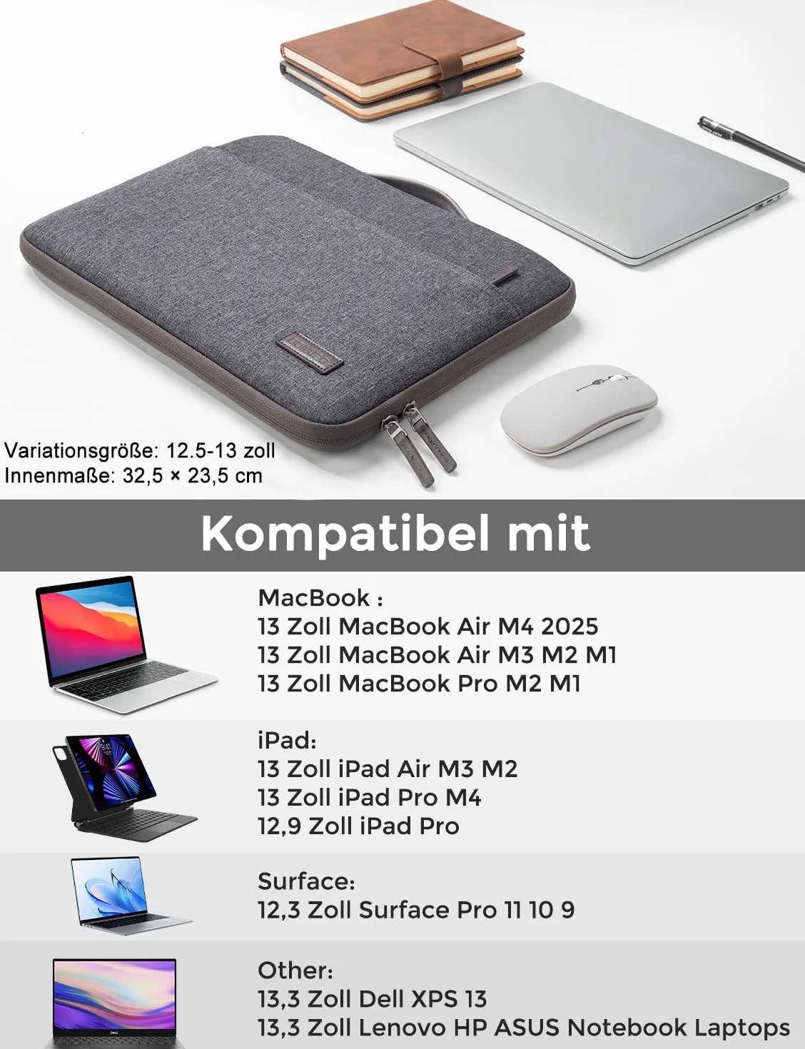DOMISO Wodoszczelne etui na laptopa 12,5", MacBook Pro Retina / 13, MacBook Air Retina 2018/12,9", iPad Pro 2016 2017/13,5", Surface Laptop 2, ciemnoszare