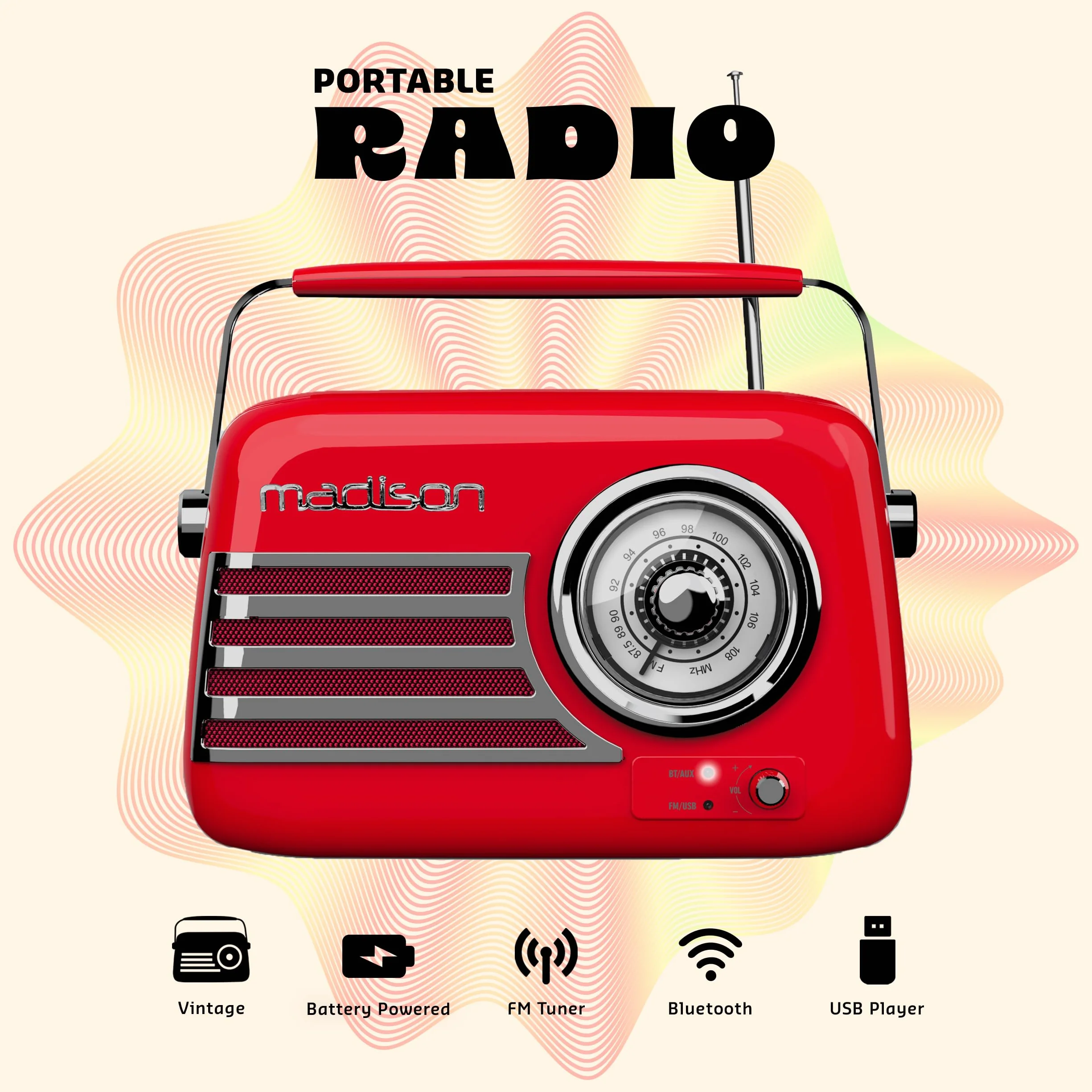 Madison - FREESOUND-VR40R - Vintage radio bateryjne o mocy 30W z Bluetooth, USB i FM - czerwony
