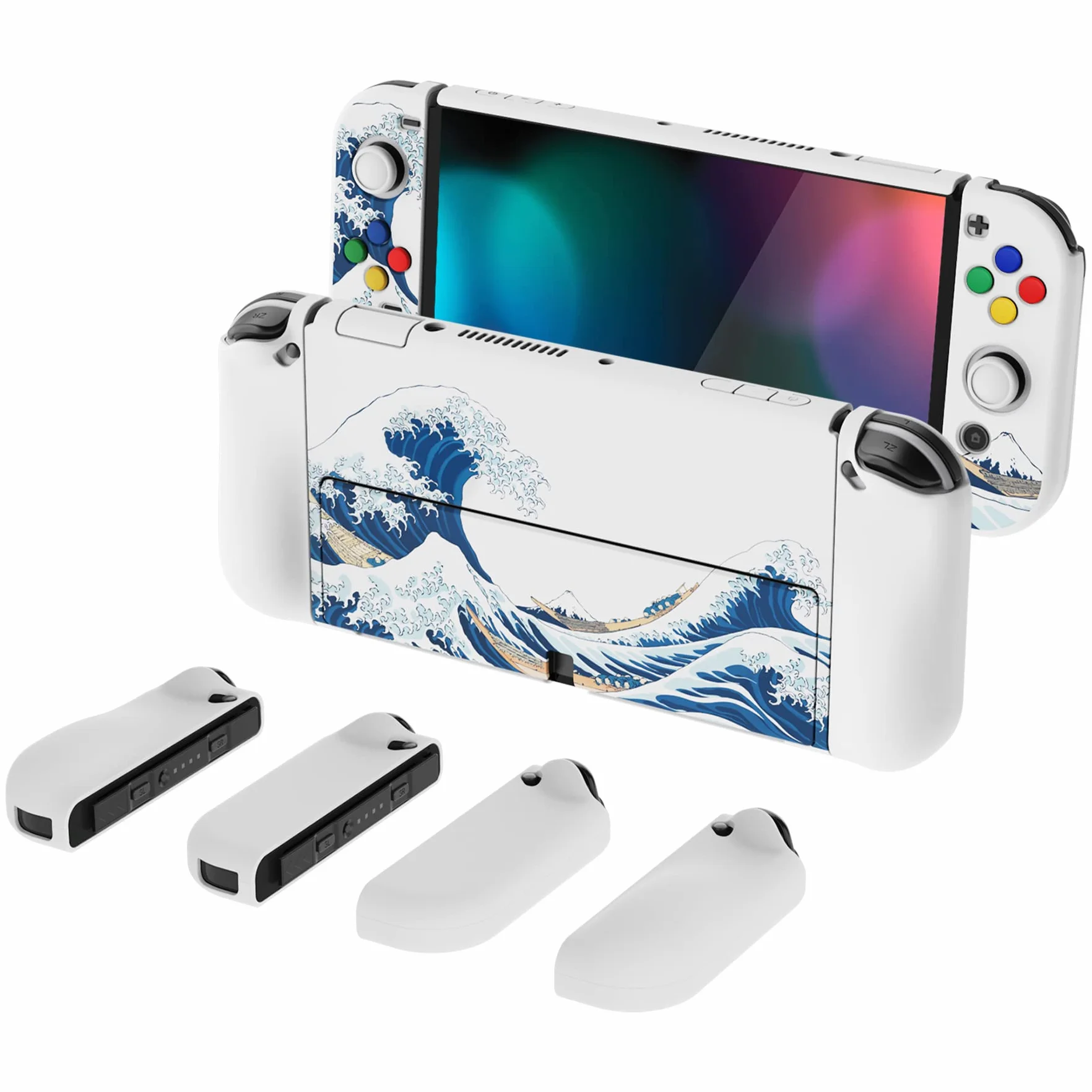 PlayVital Etui Ochronny do Nintendo Switch OLED Case Hard Shell,AlterGrips Dokowalna Futerał do Switch OLED,Protective Cover z Kciuka Caps&Caps Przycisków-Wielka Fala Kanagawie