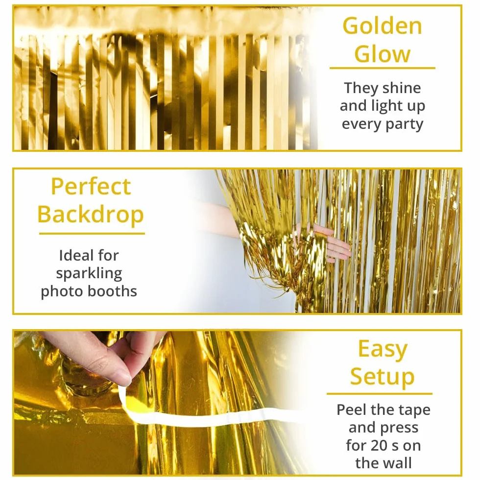 Gold Metallic Tinsel Curtain Party Backdrop 6 Pack Fringe Foil Decoration