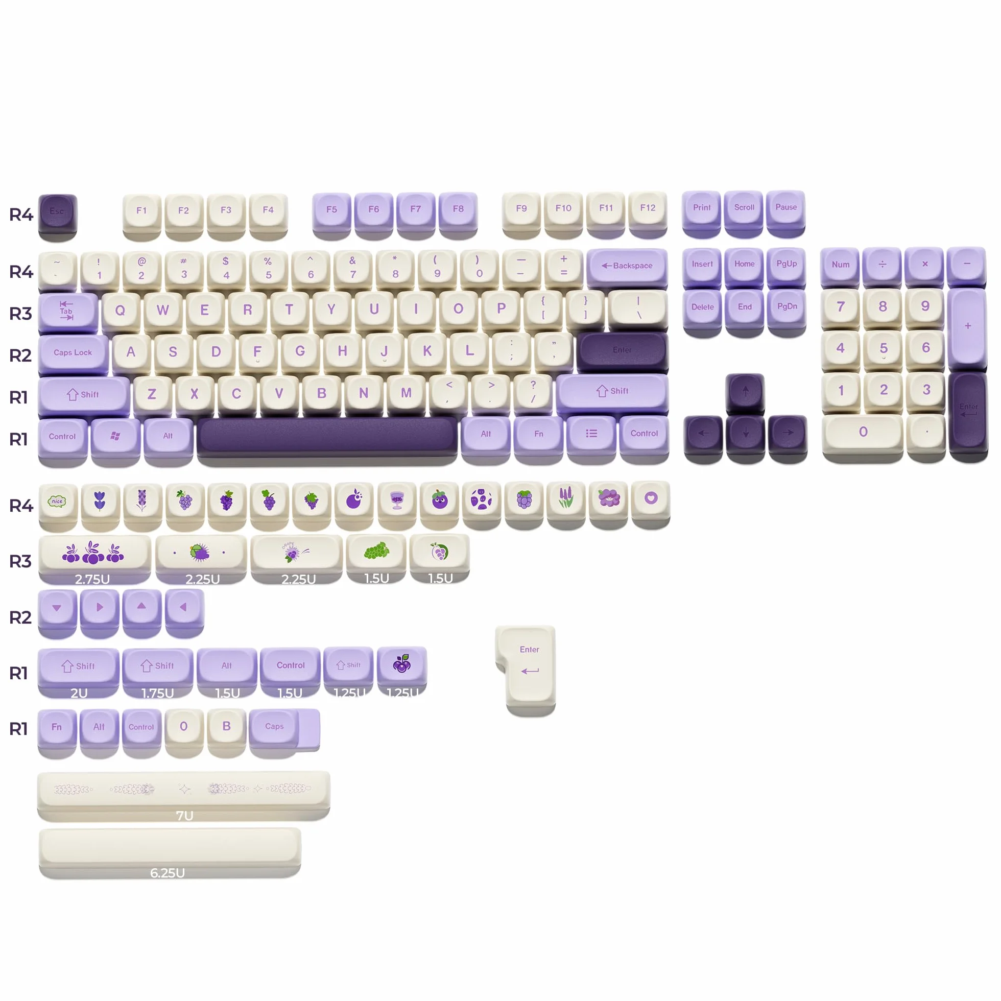 XVX MOA Profile Purple Grape Theme PBT Dye-Sub Keycaps, Custom Keycap Set for Mechanical Keyboards (Compatible with Cherry MX Switches, Purple & White Design)