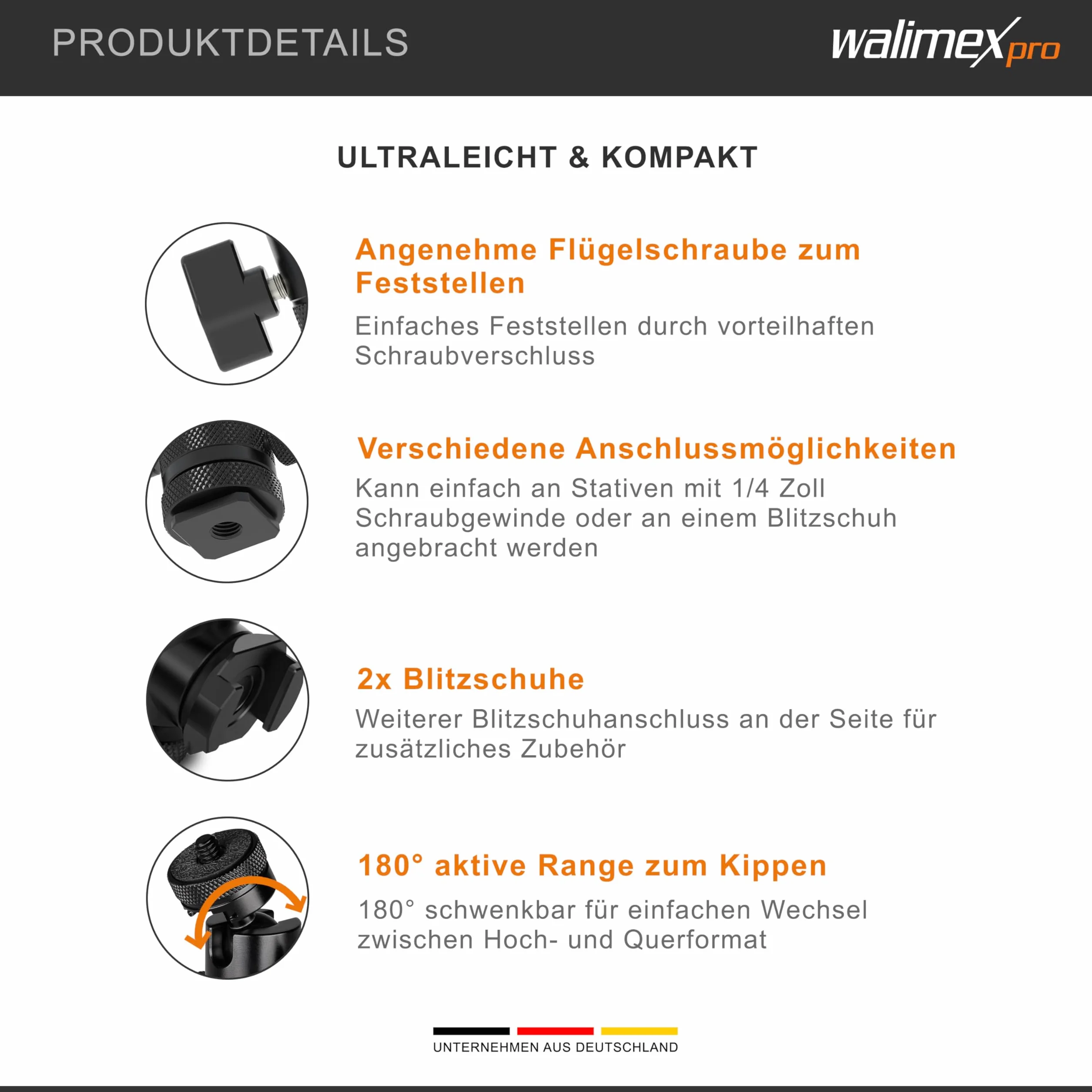 Głowica kulowa Walimex Pro Multi Mini z 2-krotną gorącą stopką i złączem 1/4 cala Możliwość obracania o 180° w obie strony do kamer, statywów, mikrofonów, diod LED Aluminiowa głowica statywowa