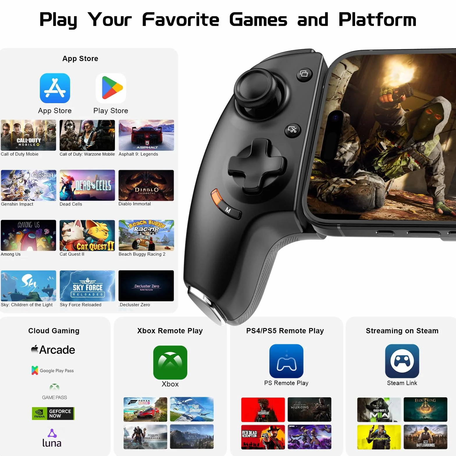 Joso Kontroler telefonu iPhone 15/16 i Android (USB-C), pilot do gier do konsoli PS5/PS4/Xbox, Joysticki Halla Effect, 2 przyciski do mapowania, gniazdo audio 3,5 mm