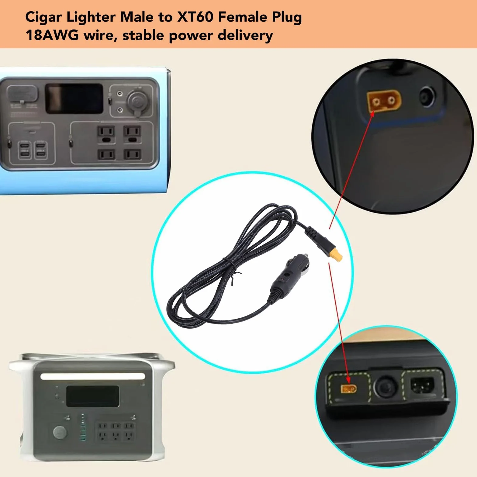 XT60 Kabel adaptera ciężka, 18AWG Power Extenft Cygar Lost Mężczyzna do XT60 Złącze żeńskie do generatora słonecznego ciężarówki samochodowej 2Meter