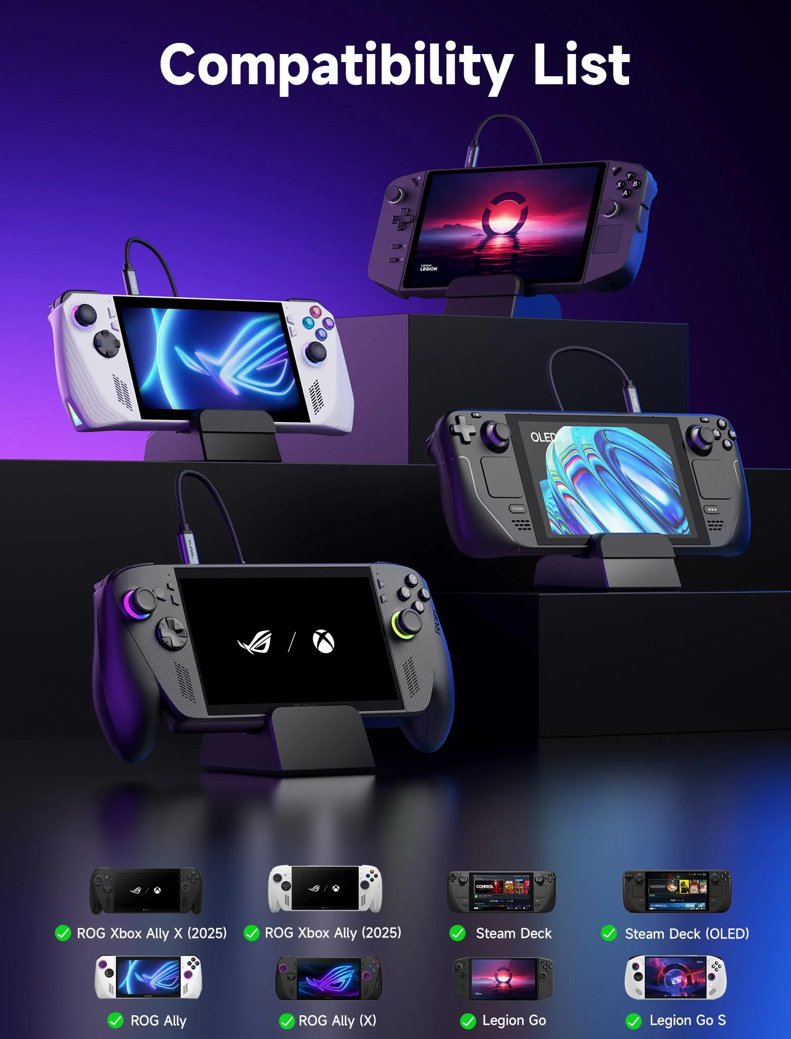 JSAUX Stacja dokująca kompatybilny z ROG Xbox Ally X (2025)/ROG Ally X/ROG Ally/Steam Deck/Legion Go S, 6 w 1 Dock z HDMI 4K@120Hz, Gigabit Ethernet, USB A i USB C 3.2 Gen 1, ładowanie PD 100W-HB0609