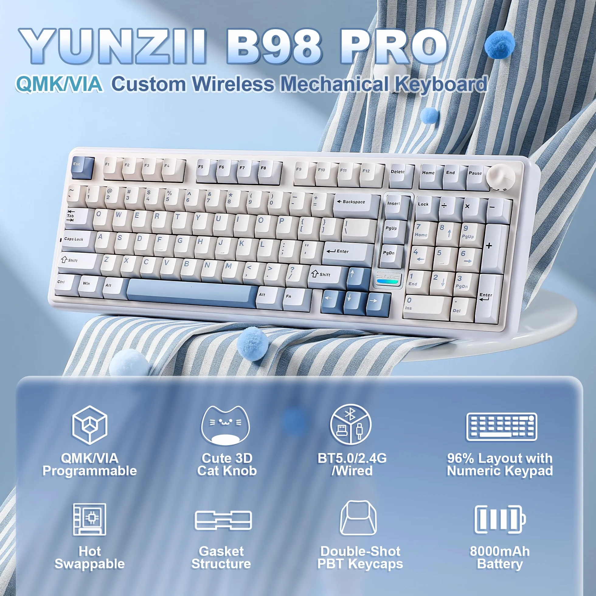 YUNZII B98 PRO QMK/VIA Bezprzewodowa Klawiatura Mechaniczna do Gier, 96% Układ z Klawiaturą Numeryczną i Uroczą Kocią Gałką, BT/2.4G/USB-C (Niebieski, Candy Linear Switch)