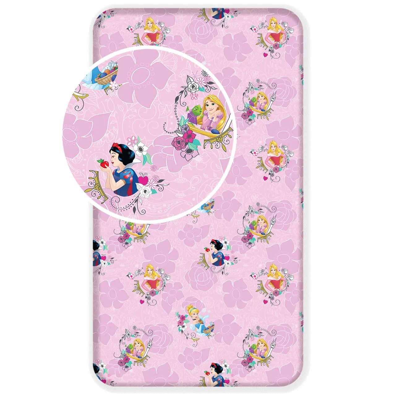 Prześcieradło z gumką dla dzieci Disney Księżniczka Śnieżka Kopciuszek Roszpunka Śpiąca Królewna 90x200 + 25 cm 100% bawełna