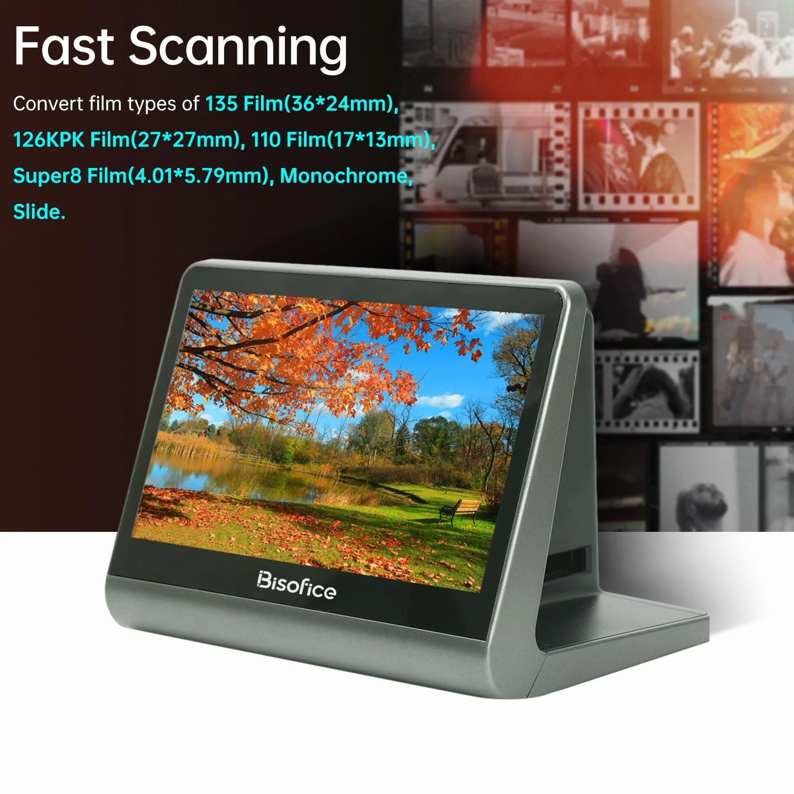 Bisofice Negatywny skaner filmowy slajdów i slajdów, z 7-calowym ekranem LCD, wbudowaną pamięcią 16 GB, konwertuje 35mm, 126, 110 negatywów, Super 8 w 24MP cyfrowy JPEG