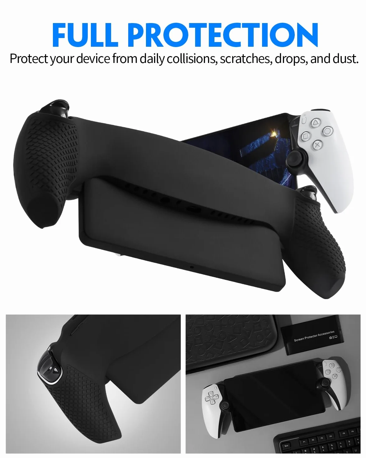 8 in 1 Accessories Set Compatible with Playstation Portal, Portable Hard Carrying Case with Silicone Protective Cover for P5 Portal, Screen Protector with 4 Thumb Grips - Black