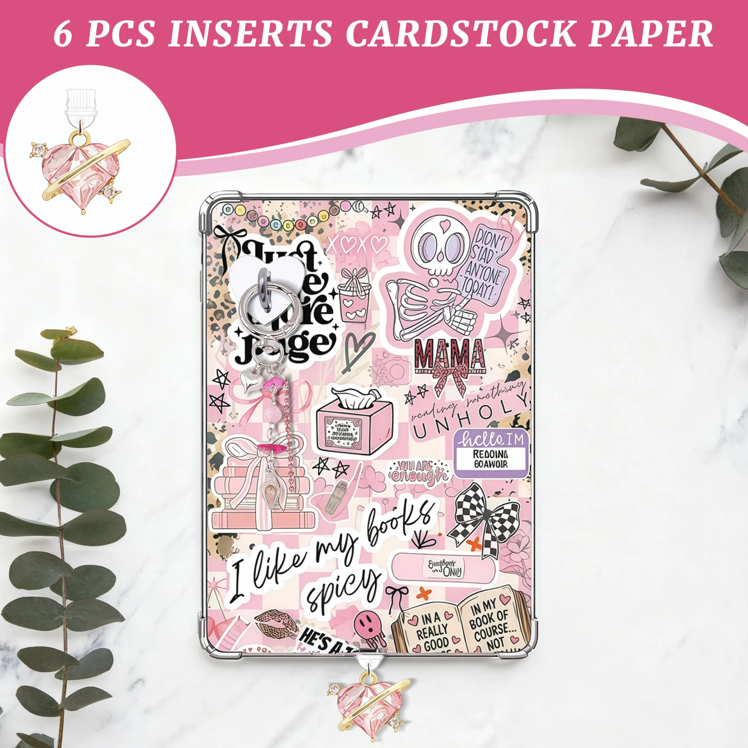 VelvetGlow 6 szt. przezroczystych wkładów do czytnika e-booków, 2 szt. zestaw zawieszek do zatyczek pyłoszczelnych, akcesoria retro charms, wkłady z kartonu do Kindle 11-12, prezent