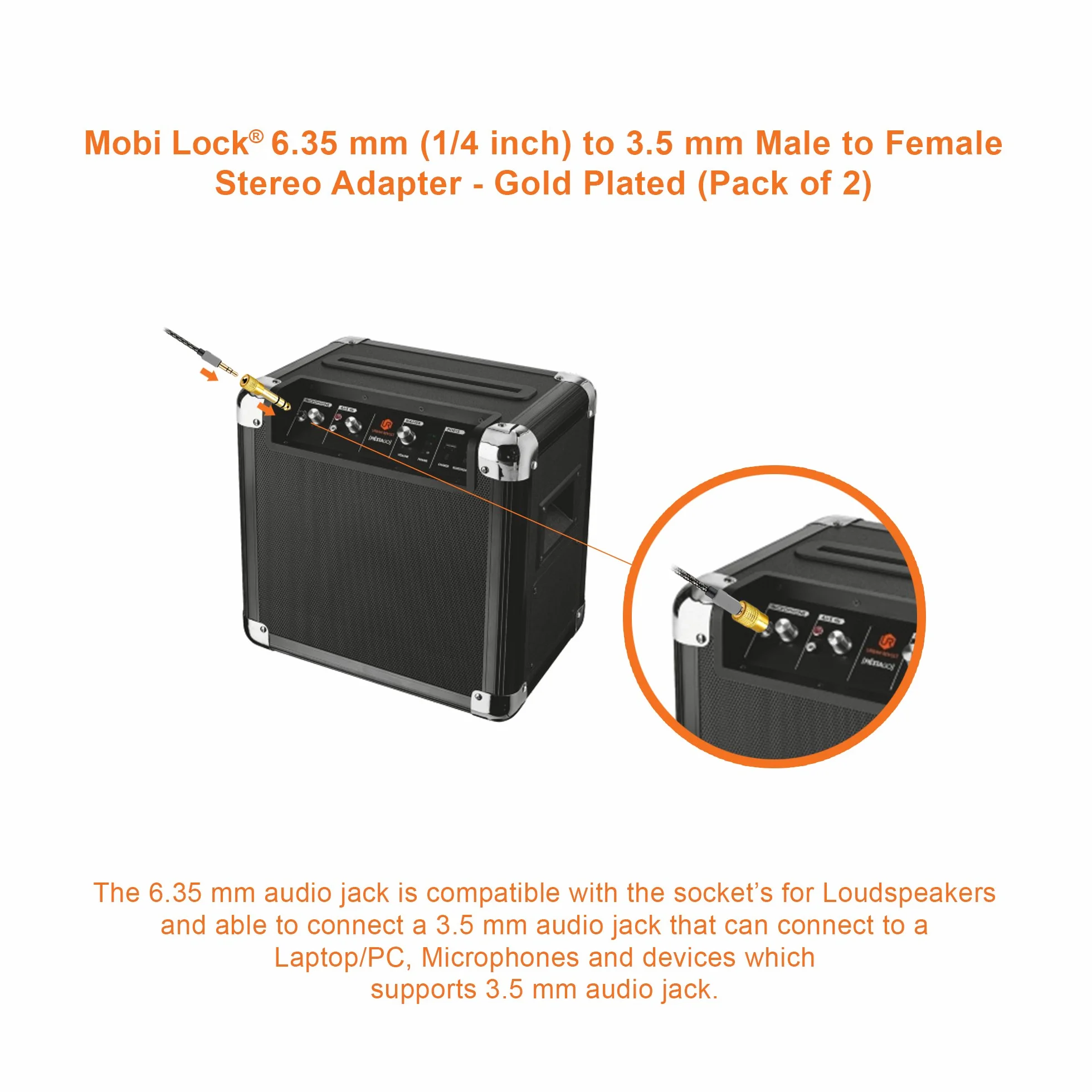 2 Sztuki Wtyk 6,35 mm do Gniazda 3,5 mm - Adapter Jack Audio Stereo 1/4 do 1/8 Cala - Łączy Urządzenia z Portem 6,35 mm z Urządzeniami Audio 3,5 mm - od Mobi Lock