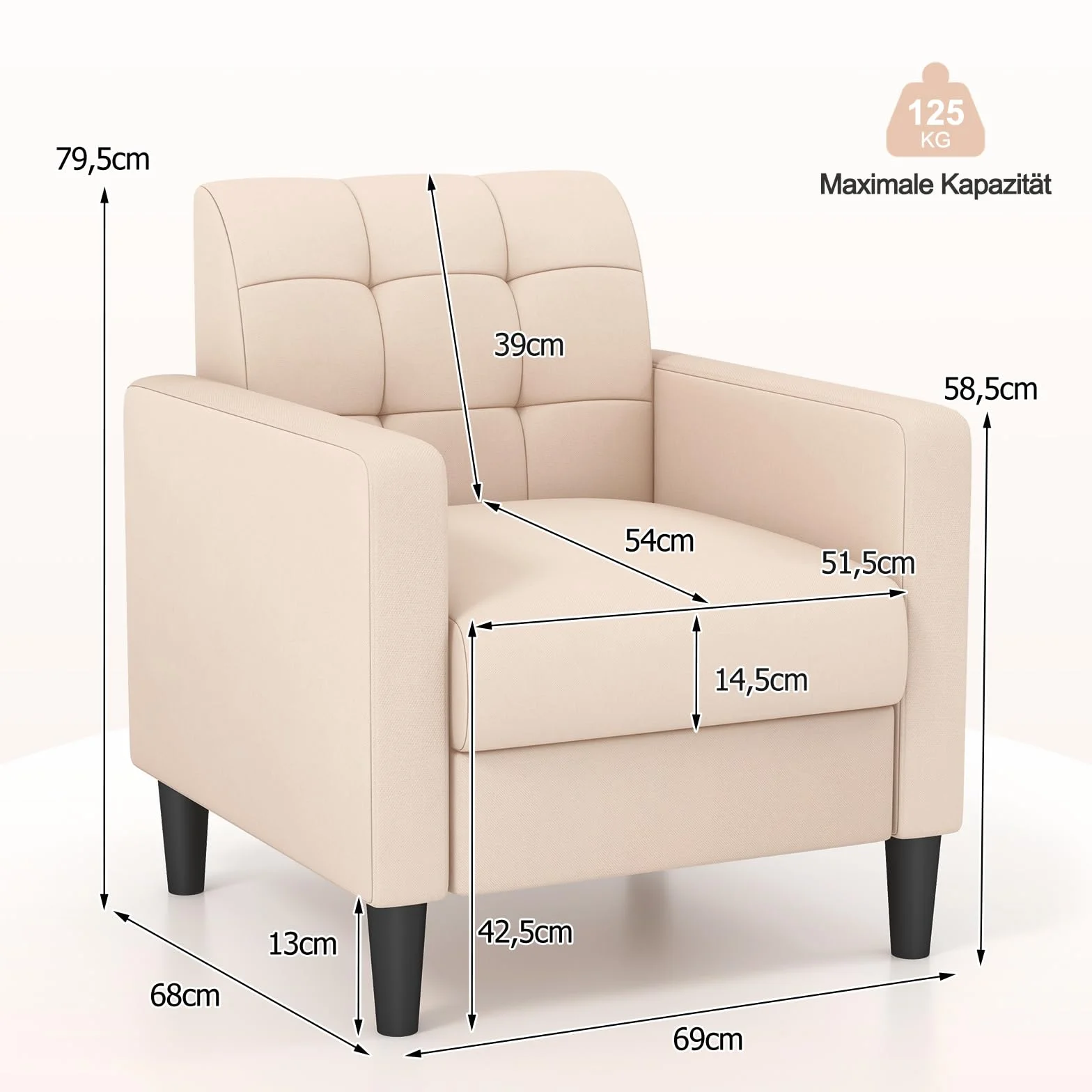 COSTWAY Nowoczesny fotel relaksacyjny, z aksamitu w stylu Mid-Century, tapicerowany fotel z tuftowanym oparciem, podłokietnikami i drewnianymi nogami do salonu, sypialni i biura domowego, beżowy