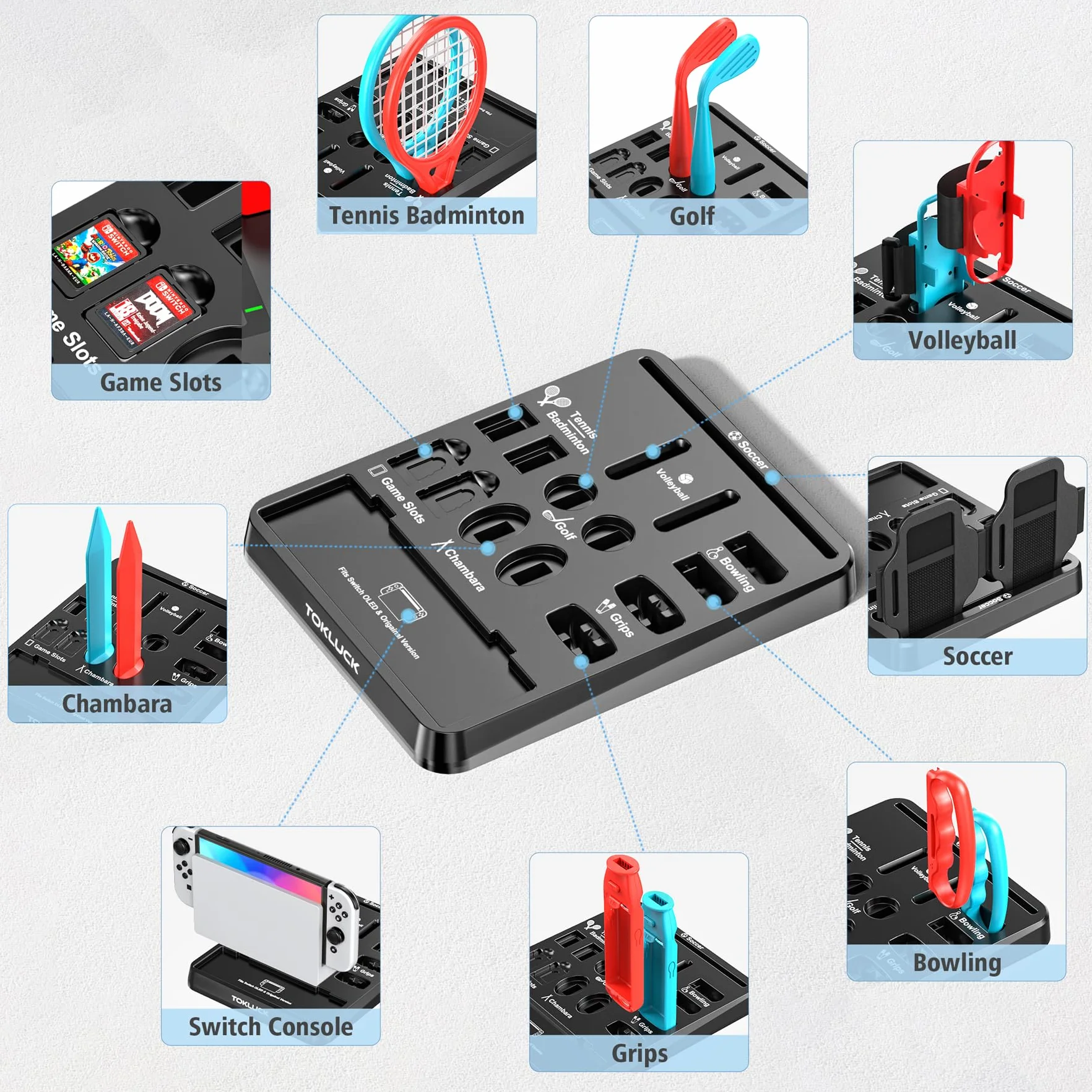Tokluck 15 w 1 Akcesoria sportowe Switch, zestaw z organizerem do konsoli Switch/OLED