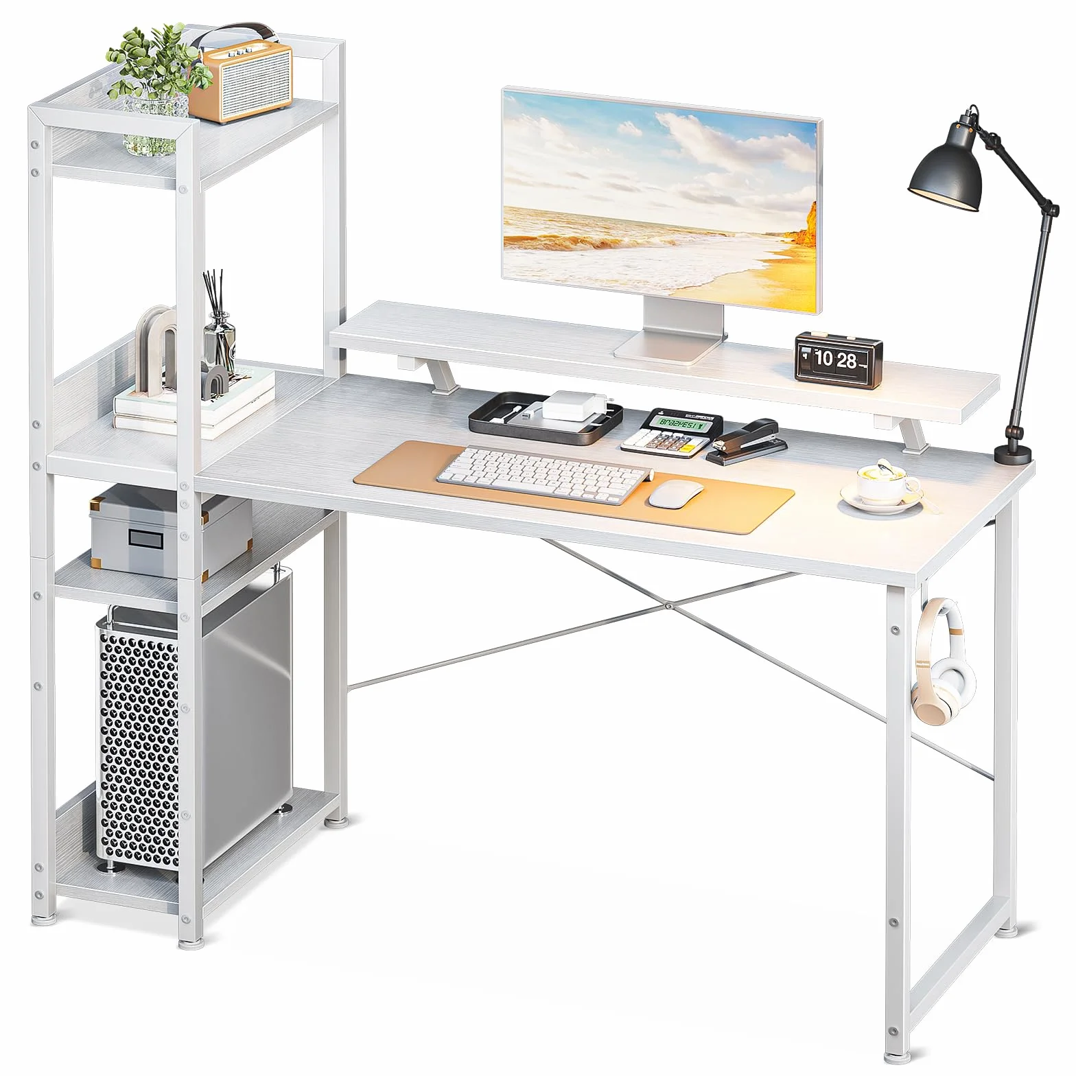 ODK Małe biurko z regałem, 120 x 50 x 116 cm, stolik komputerowy z regałem na książki, dwustronny, stół biurowy z regulowanym, długim stojakiem na monitor, stół gamingowy z półkami do domowego biura,