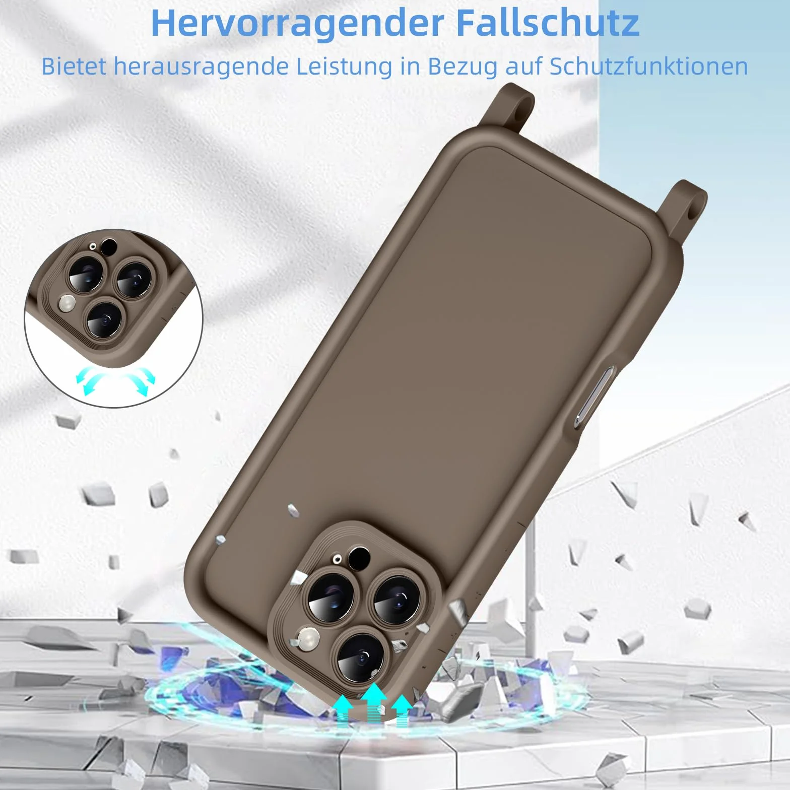 Coiwxmoi Silikonowe etui na telefon komórkowy iPhone 14 Pro 6,1", ze zdejmowanym, regulowanym sznurkiem do zawieszenia, odporne na uderzenia, ochrona aparatu, brązowe
