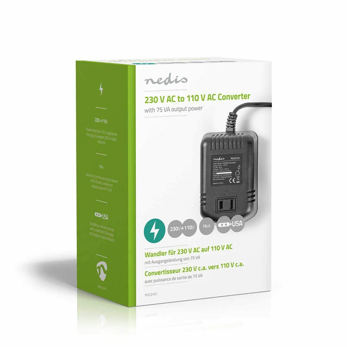 NEDIS POCO101 przetwornica | 230 V AC - 110 V AC | 75 W | nieuziemione wyjście US czarny