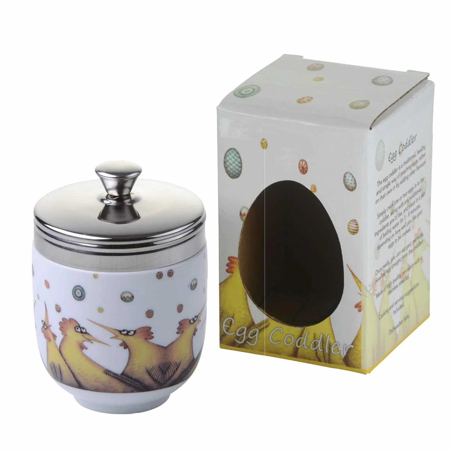 BIA International – porcelanowy zestaw 2 wielokolorowych porcelanowych kłusowników do jajek z deszczowymi jajkami autorstwa artystki Clare Mackie, kuchenny kocioł na jajka i kuchenka wielofunkcyjna