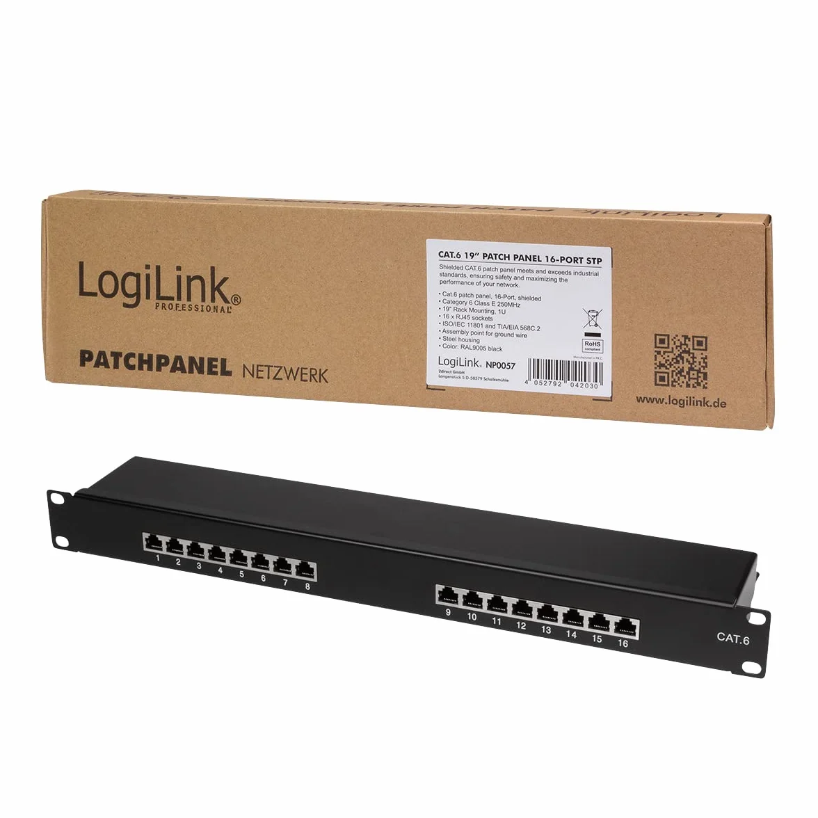 LogiLink Professional EconLine Cat.6 (250 MHz) panel krosowy - panel rozdzielczy, 19", STP (ekranowany) 16-portowy (RJ45), NP0057, czarny