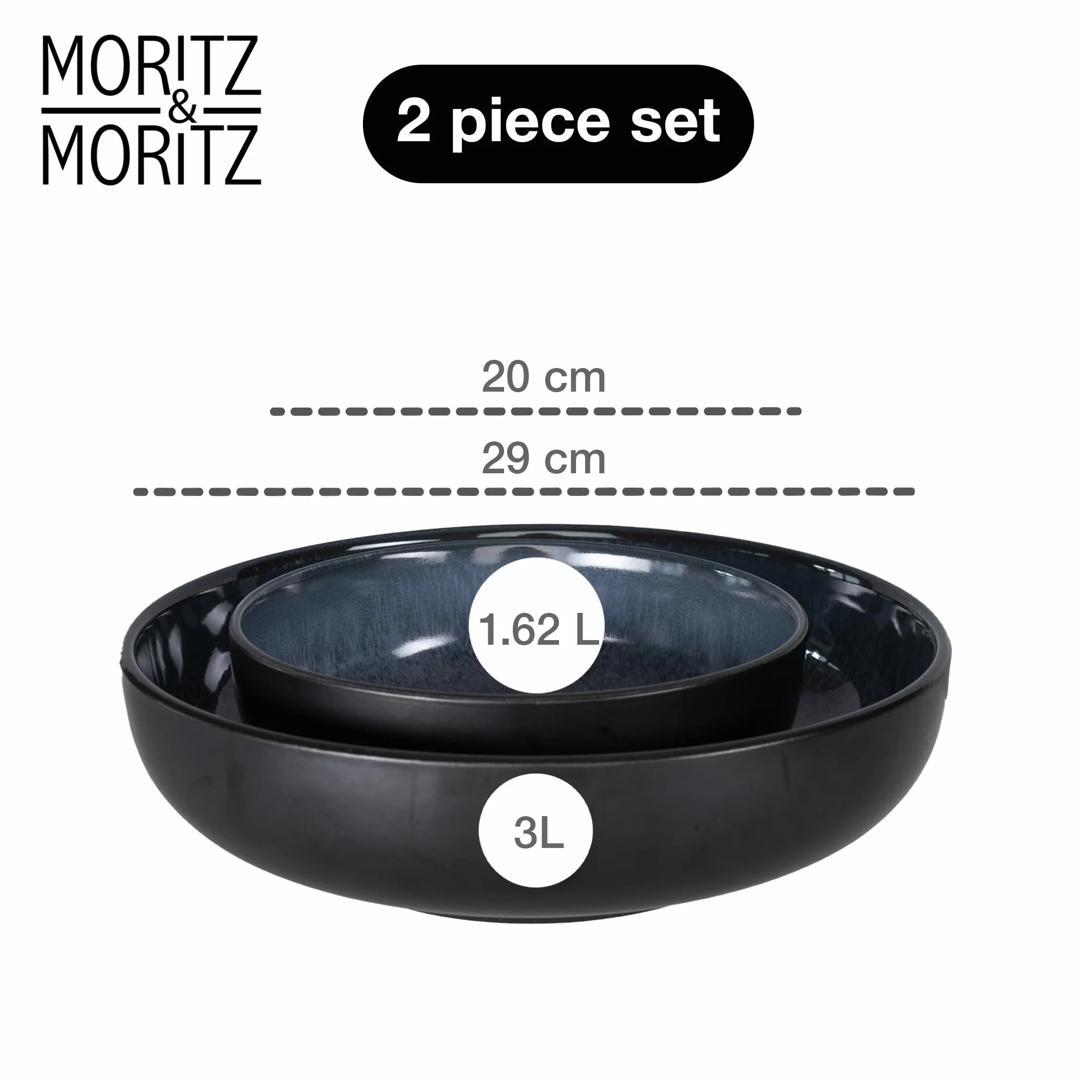 Moritz & Moritz VIDA zestaw misek do serwowania w kolorze niebieskim – 2 x duże miski z wysokiej jakości porcelany, nowoczesne i ponadczasowe, nadają się do kuchenki mikrofalowej i mycia w zmywarce