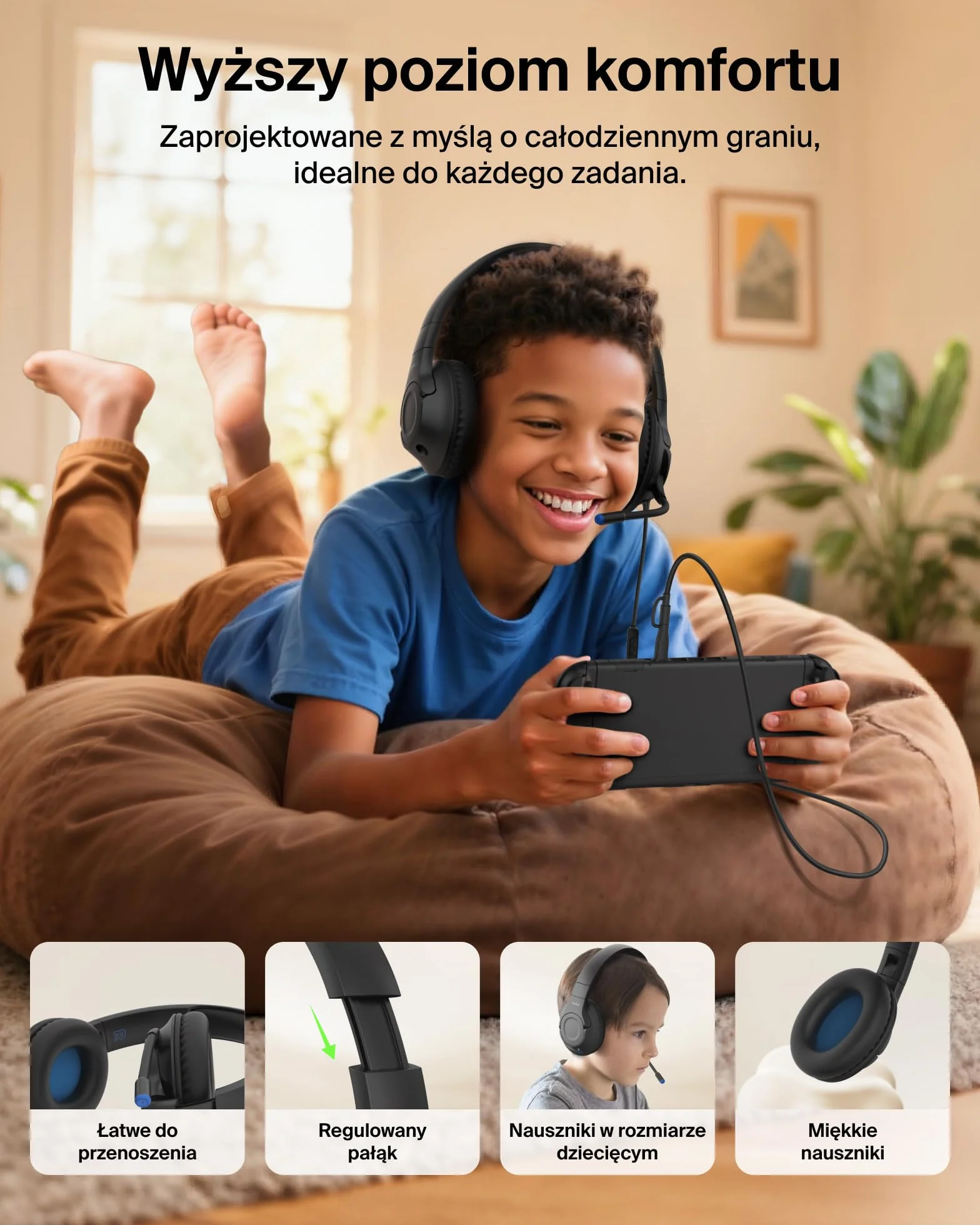Belkin Gaming Inspire przewodowe słuchawki nauszne dla dzieci, przejściówka USB-C, mikrofon na wysięgniku, ograniczenie głośności 85 dB, zgodność z Nintendo Switch 2, idealne do podróży – czarne