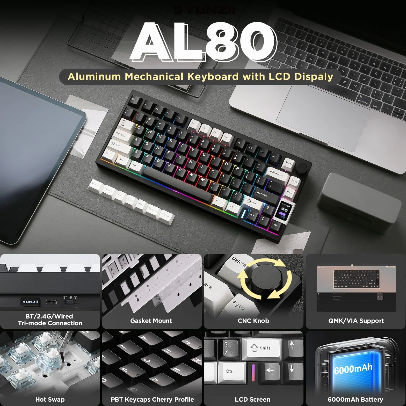 YUNZII AL80 Bezprzewodowa klawiatura mechaniczna,pełna aluminiowa CNC, inteligentny wyświetlacz LCD,mocowanie uszczelki na gorąco 75%,BT/2.4G/USB-C,QMK/VIA Obsługa Win/Mac (czarny, cocoa cream v2)