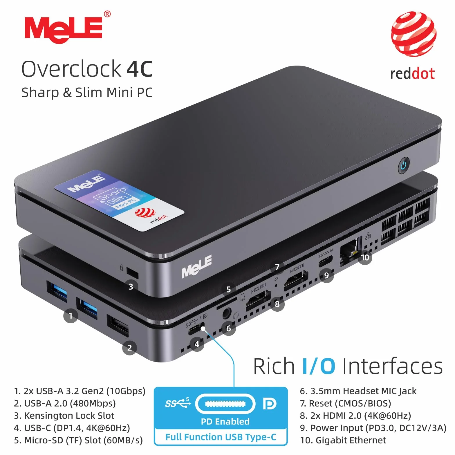 MeLE Mini PC Overclock4C, Core i3 N300 16GB 512GB Storage, Reddot Winner | HDMI Display PCIE 3.0X4, USB-C PD3.0 & Video Output | Micro Desktop Computer for Home, Office, Industrial & Education