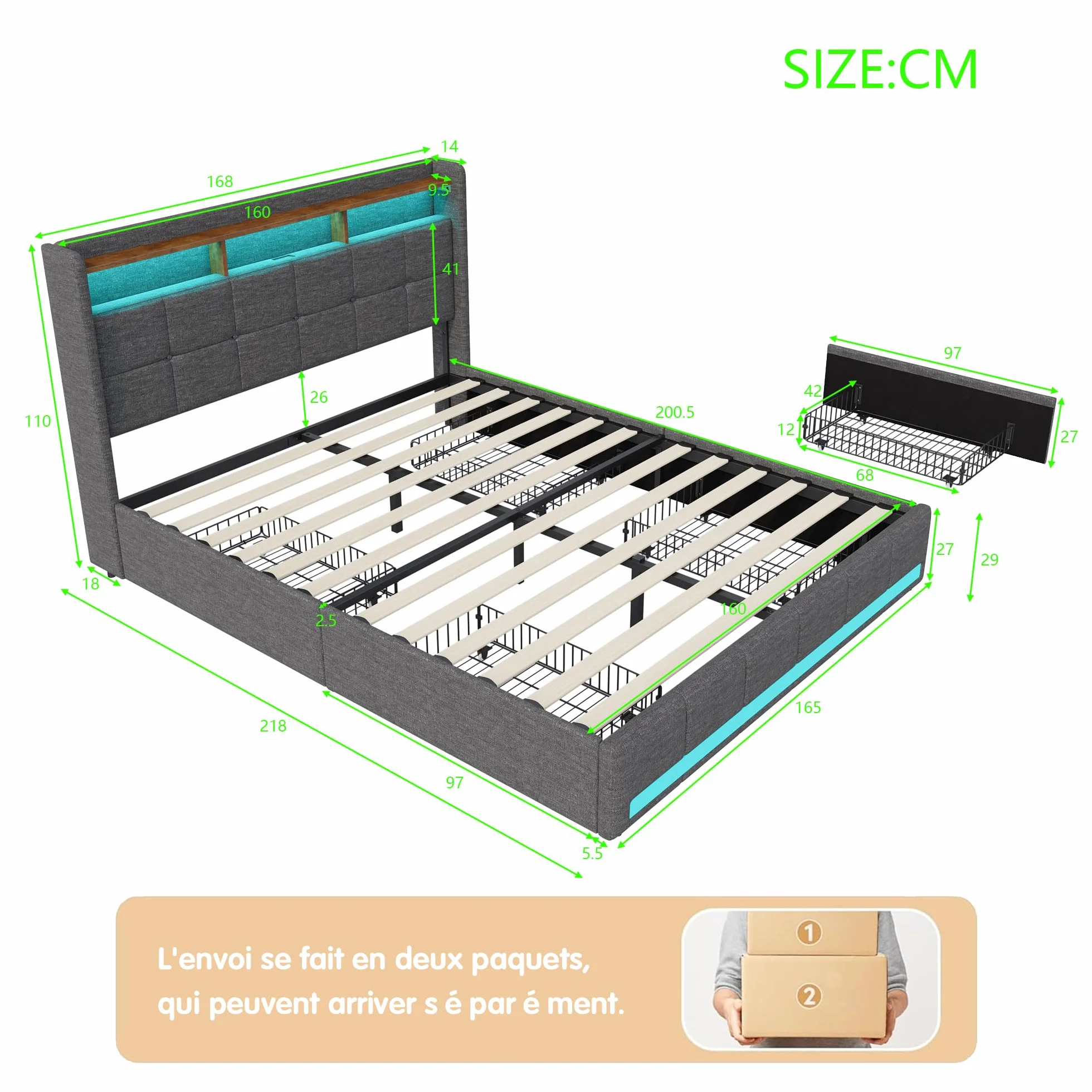 Łóżko Podwójne Pikowane 160 x 200 cm z Szufladą, Oświetleniem LED i Ładowaniem USB - Szare