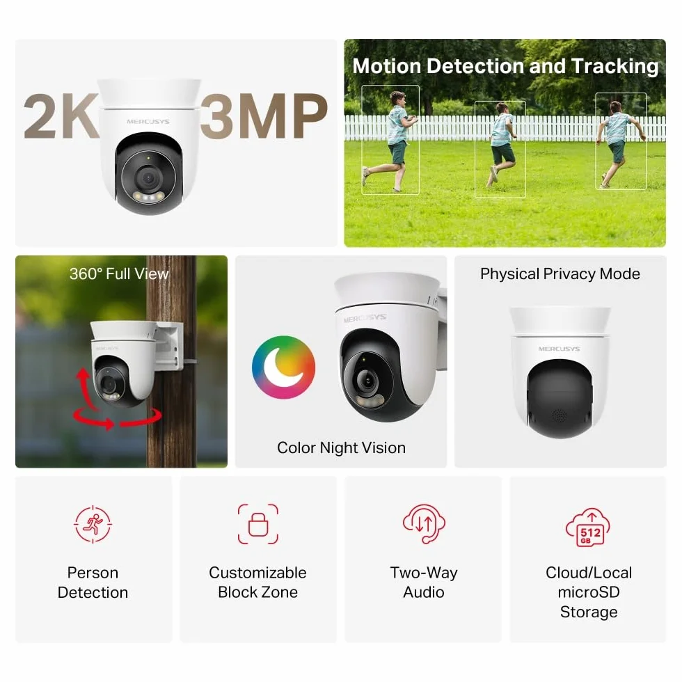 MERCUSYS MC510 Zewnętrzna kamera WiFi 2K 3 MP, kamera monitorująca 360°, kolorowy noktowizor, dwukierunkowy dźwięk, wykrywanie ruchu, alarm/powiadomienia, strefa prywatności, obsługuje 512 GB microSD