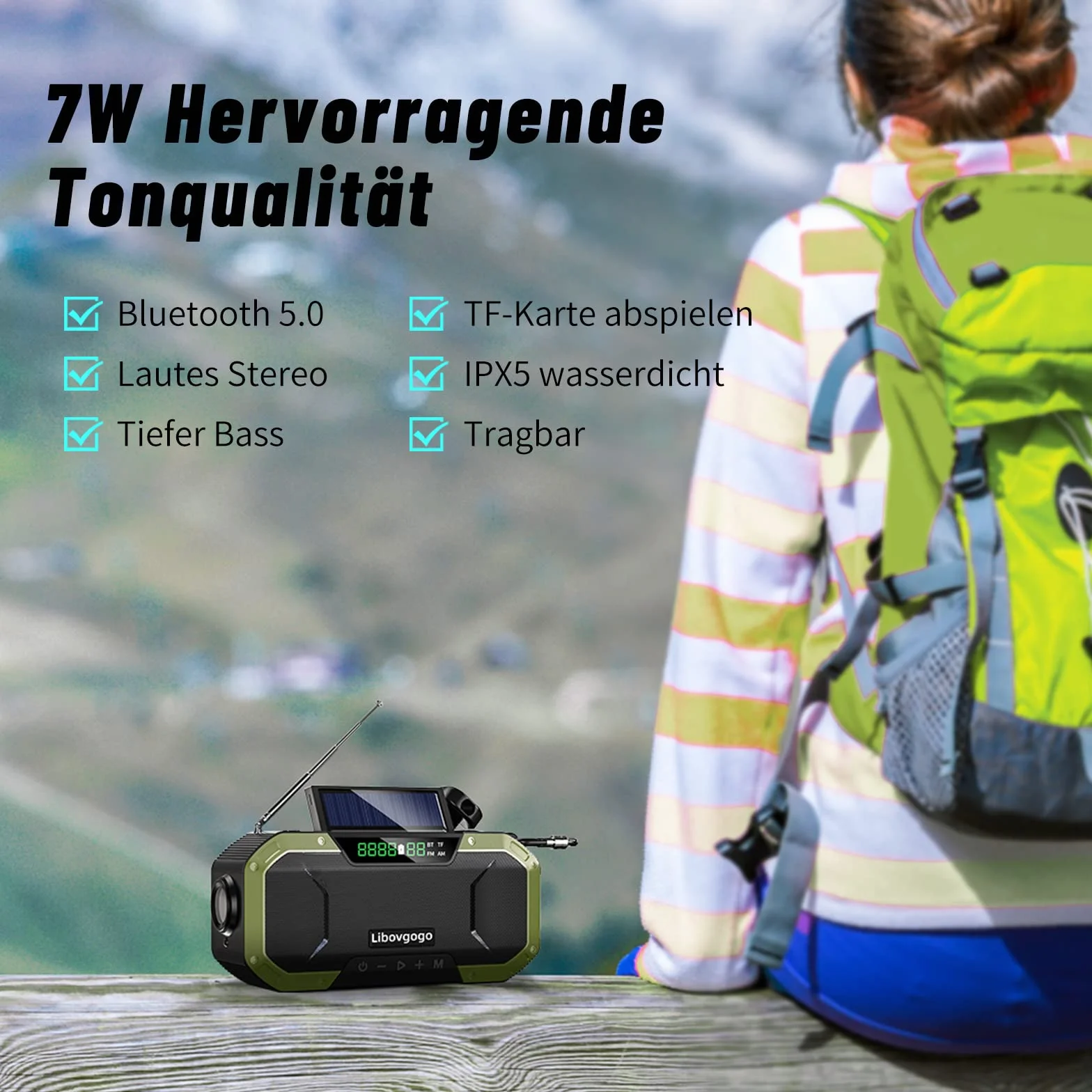 Radio awaryjne, ochrona przed rozbryzgami wody, głośnik Bluetooth, przenośne radio solarne AM/FM, z latarką, panel solarny LED, 5000 mAh, powerbank outdoorowy, kemping, dynamo