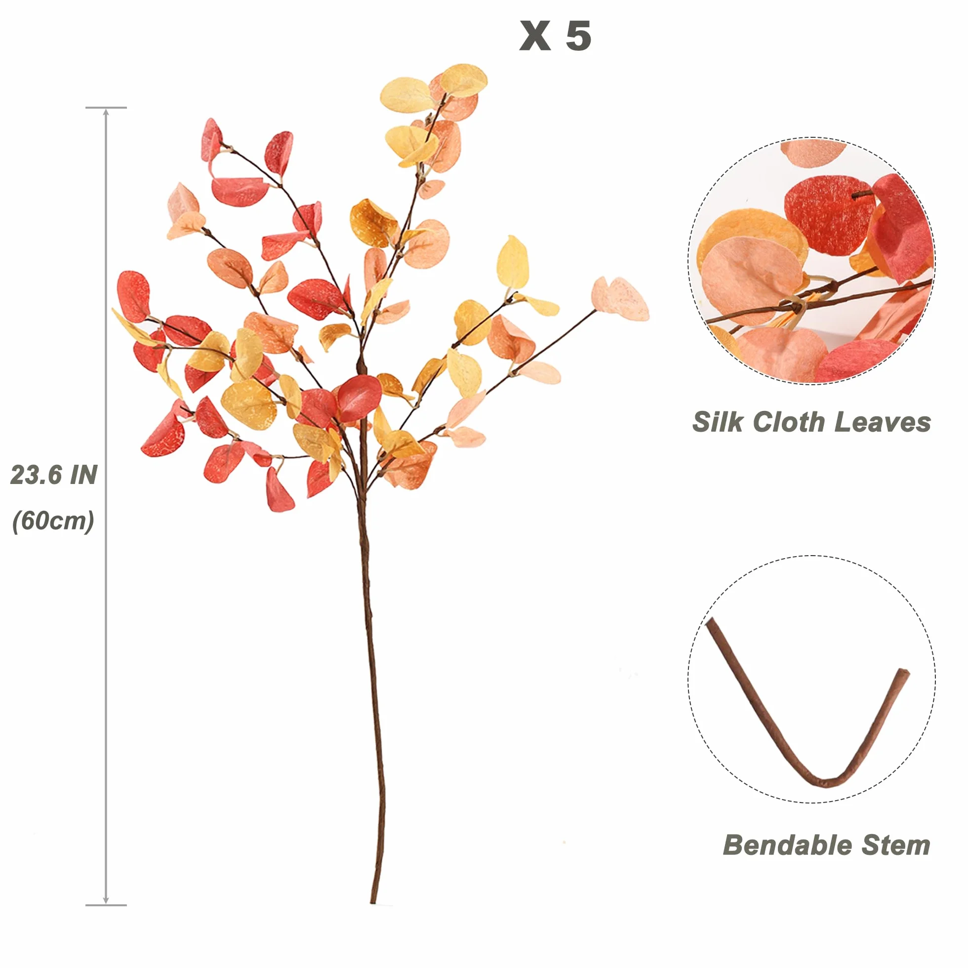 Sztuczne gałęzie eukaliptusa 60 cm, 5 wiązek, jesienna dekoracja do domu